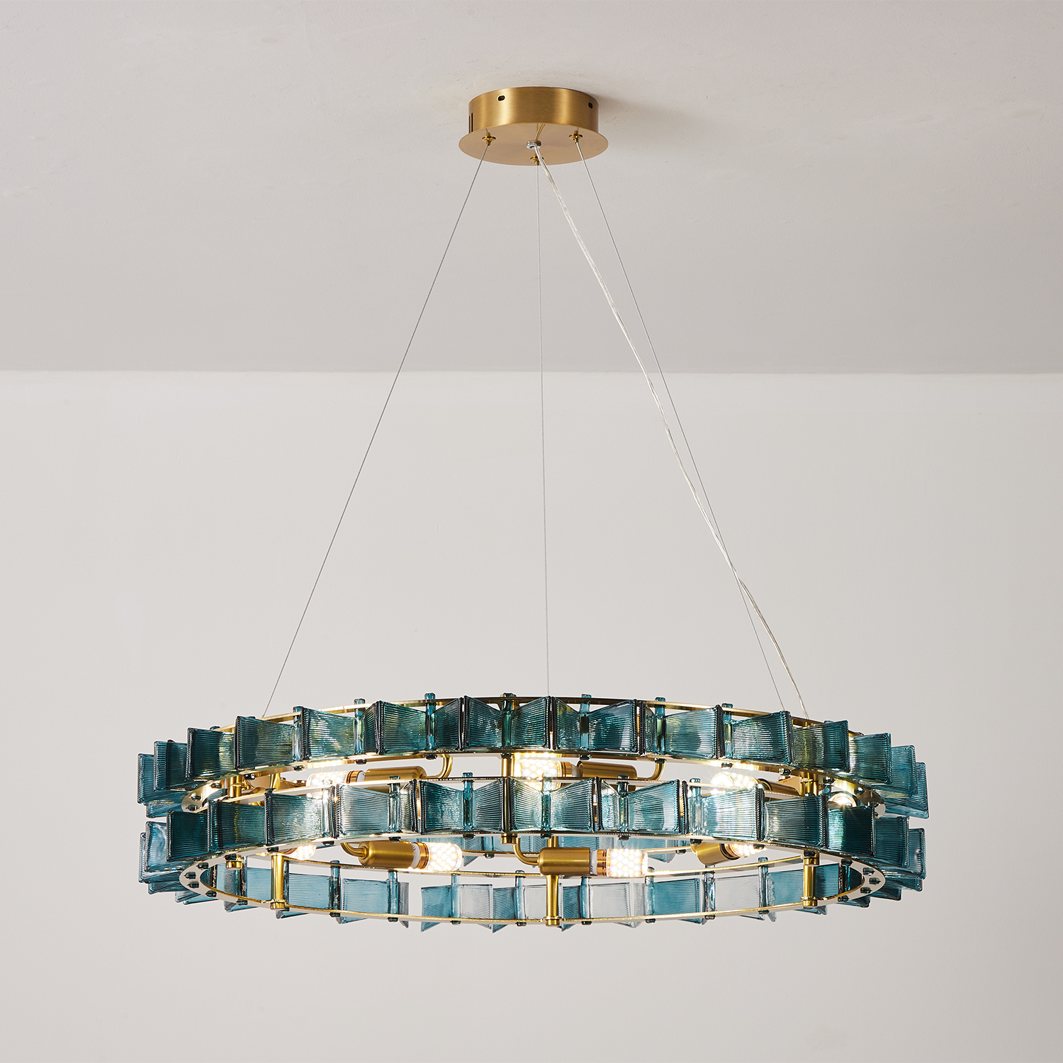 Mid-Century Modern Layered Teal Glass Chandelier
