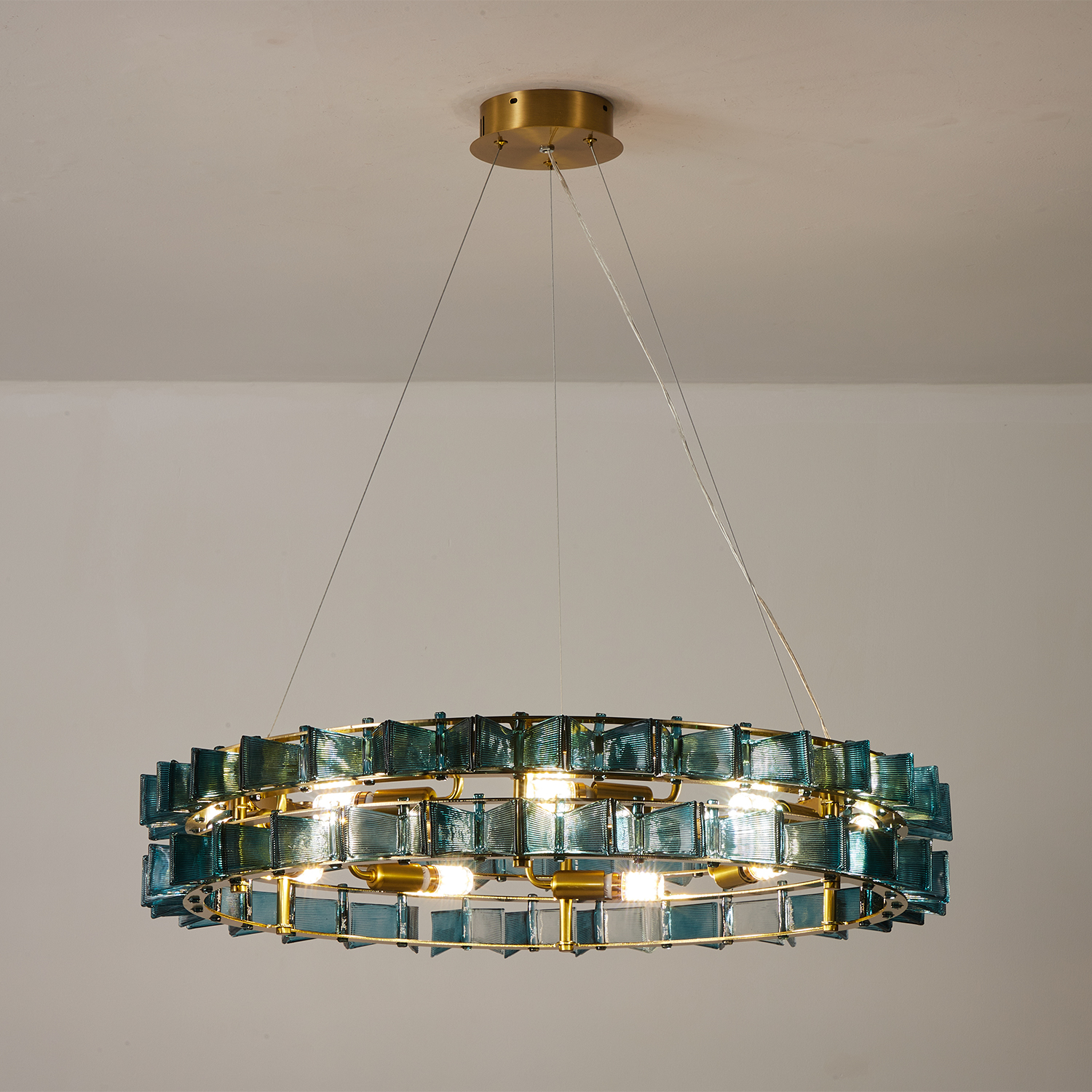Mid-Century Modern Layered Teal Glass Chandelier
