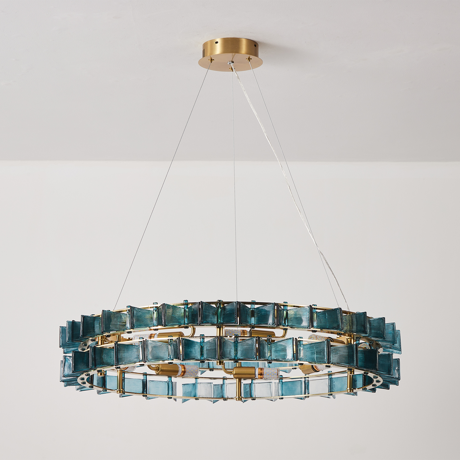 Mid-Century Modern Layered Teal Glass Chandelier
