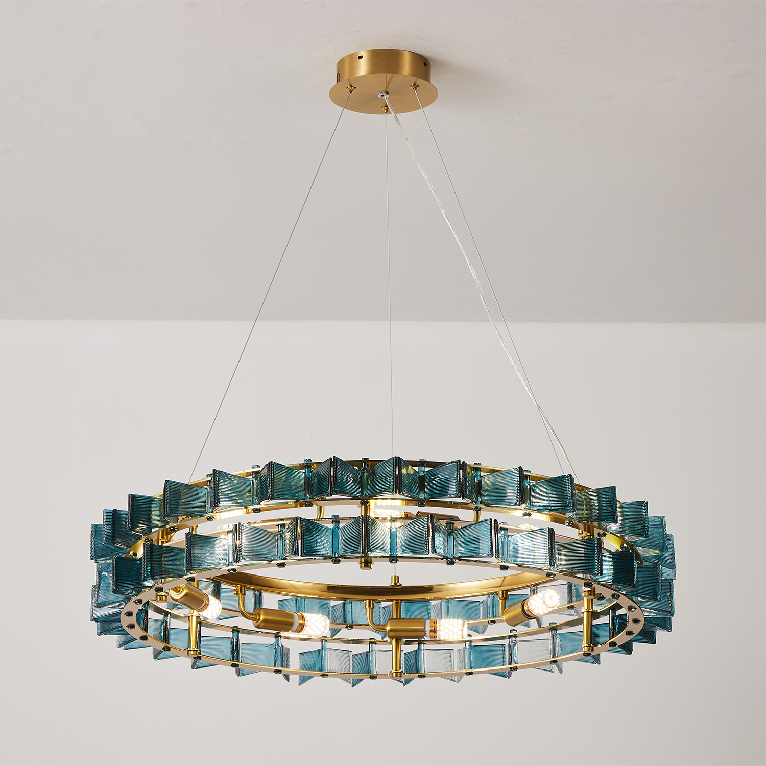 Mid-Century Modern Layered Teal Glass Chandelier