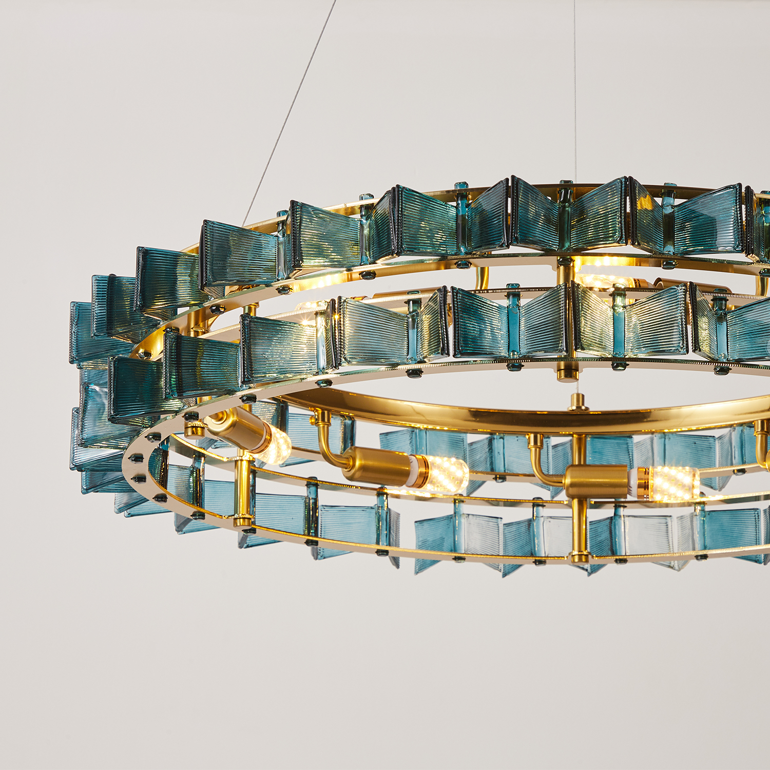 Mid-Century Modern Layered Teal Glass Chandelier