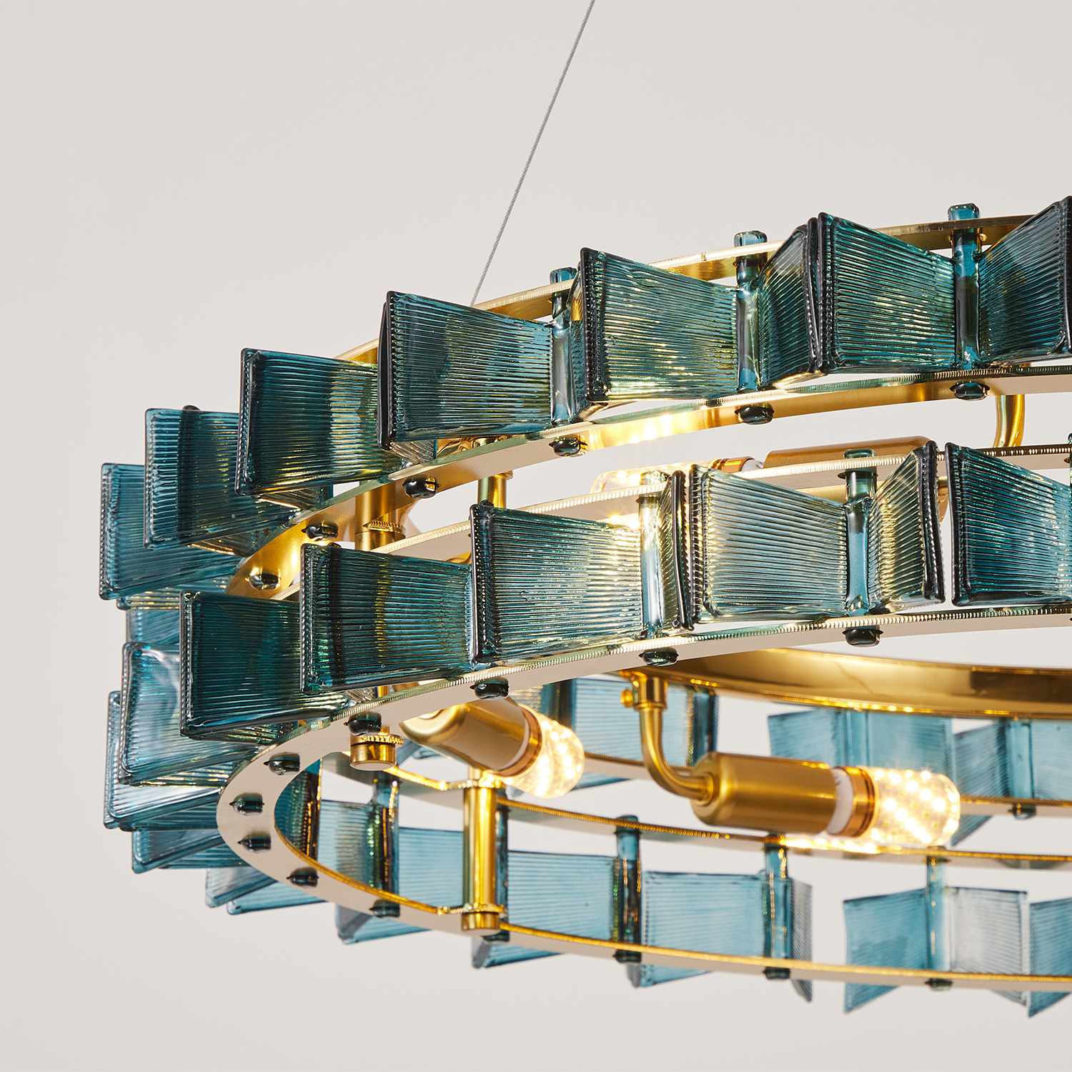 Mid-Century Modern Layered Teal Glass Chandelier