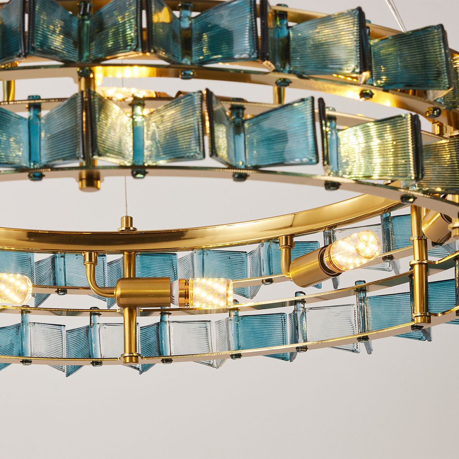Mid-Century Modern Layered Teal Glass Chandelier
