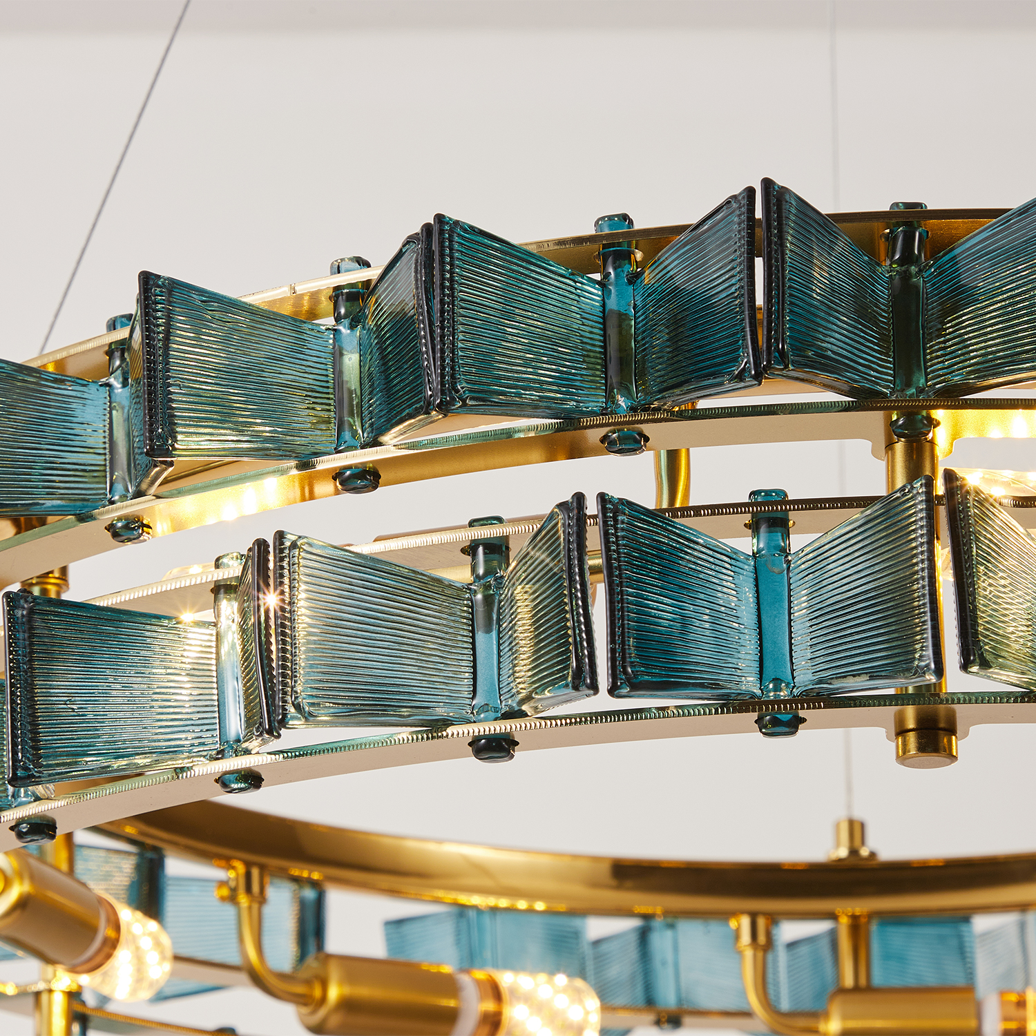 Mid-Century Modern Layered Teal Glass Chandelier