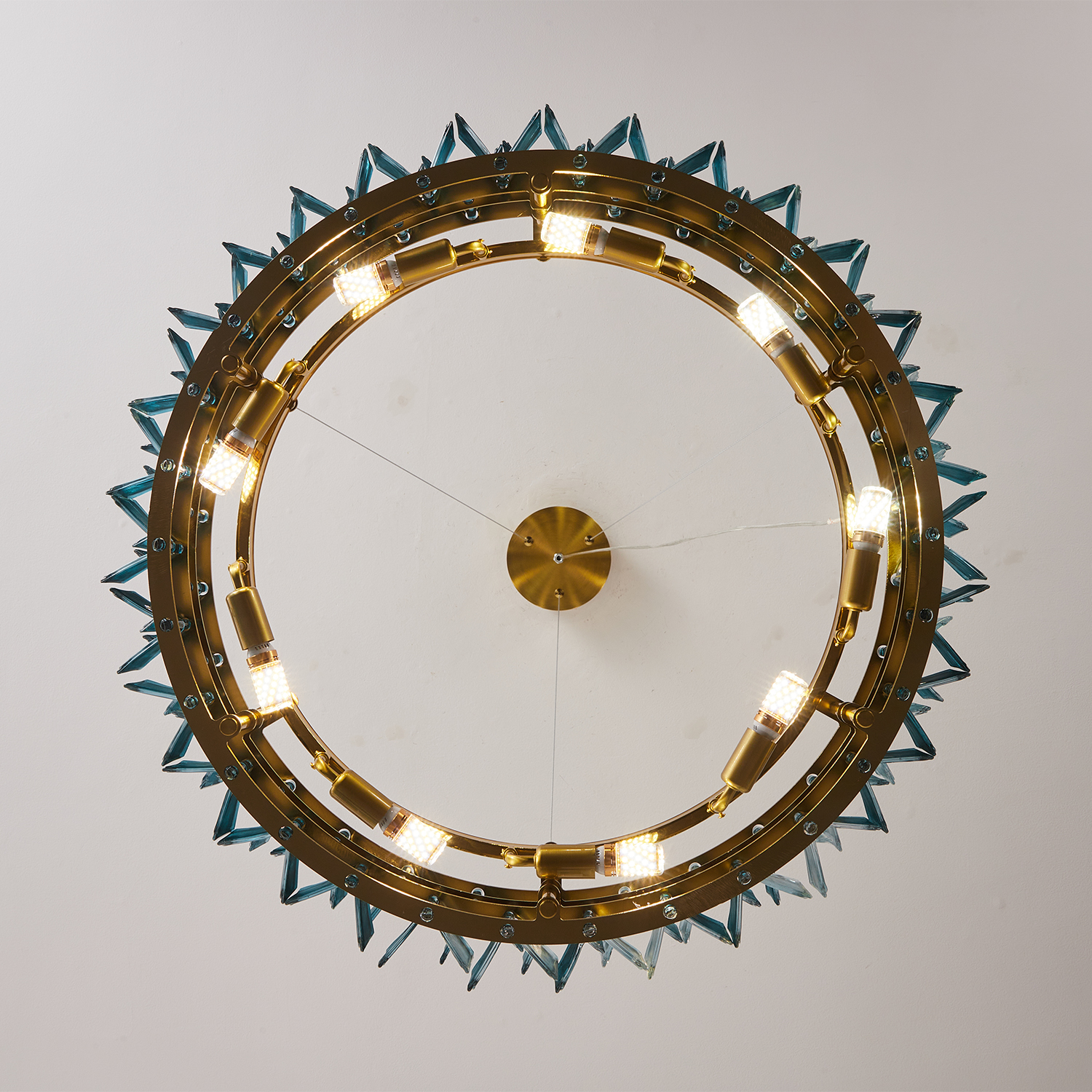 Mid-Century Modern Layered Teal Glass Chandelier