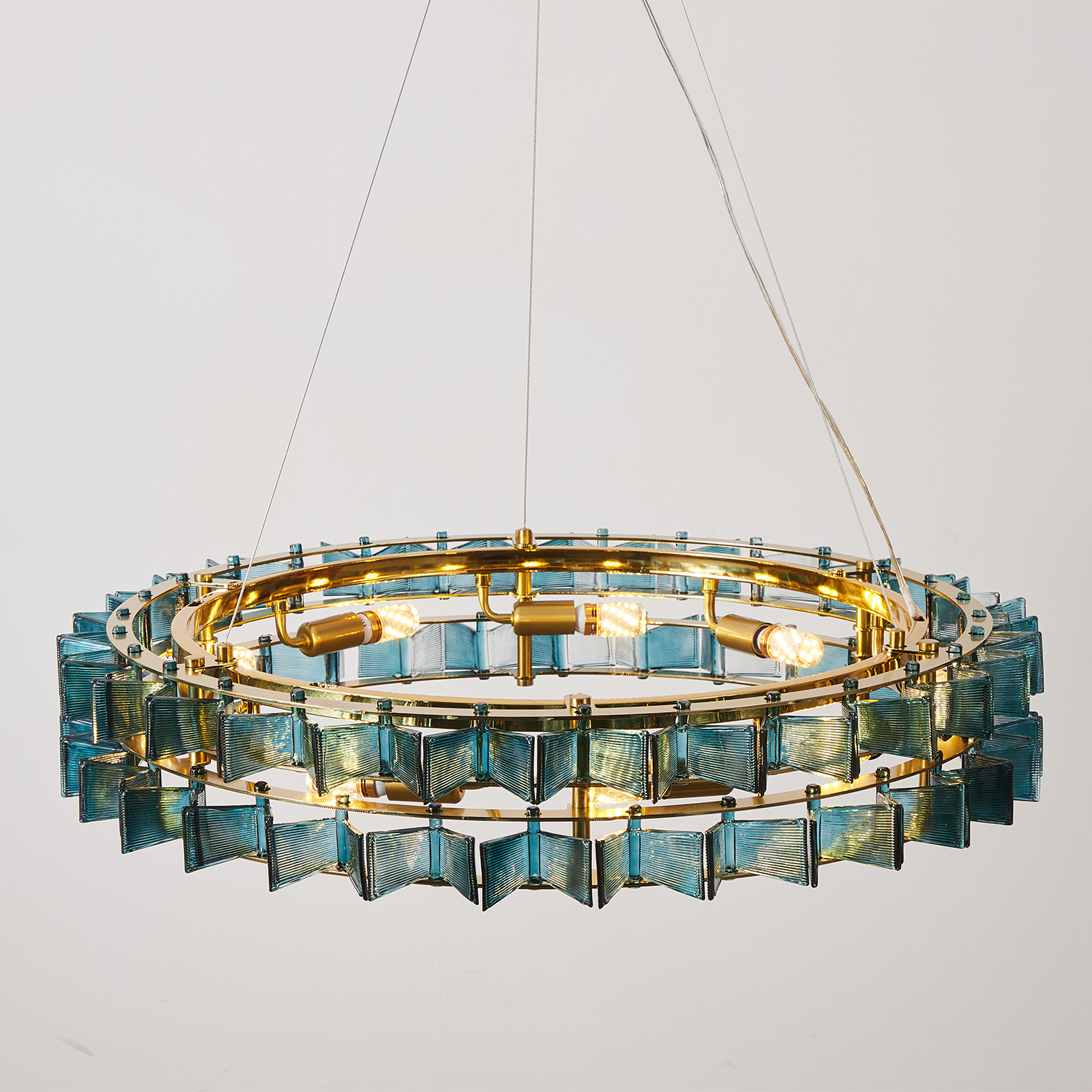 Mid-Century Modern Layered Teal Glass Chandelier