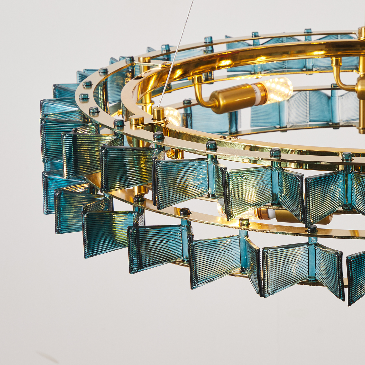Mid-Century Modern Layered Teal Glass Chandelier
