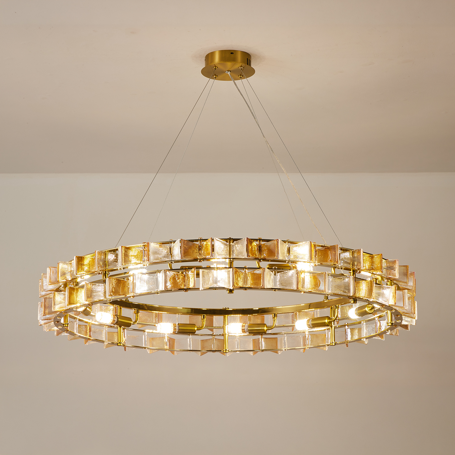 Mid-Century Modern Layered Teal Glass Chandelier