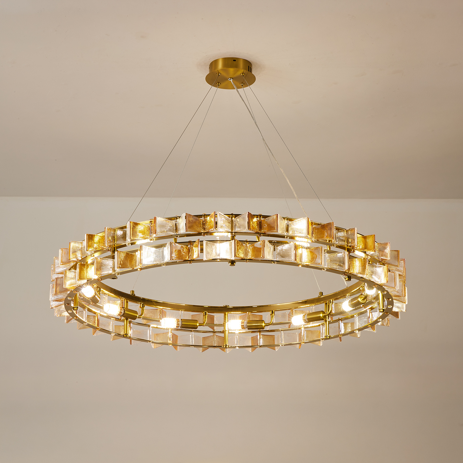 Mid-Century Modern Layered Teal Glass Chandelier