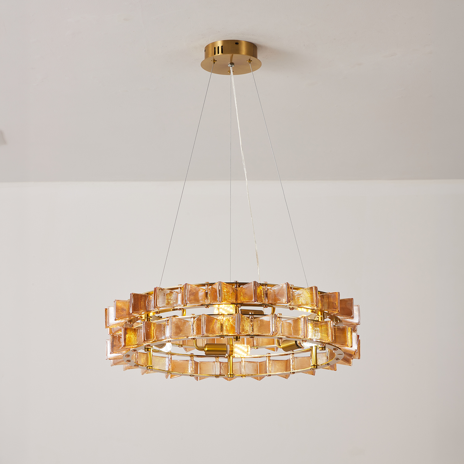 Mid-Century Modern Layered Teal Glass Chandelier