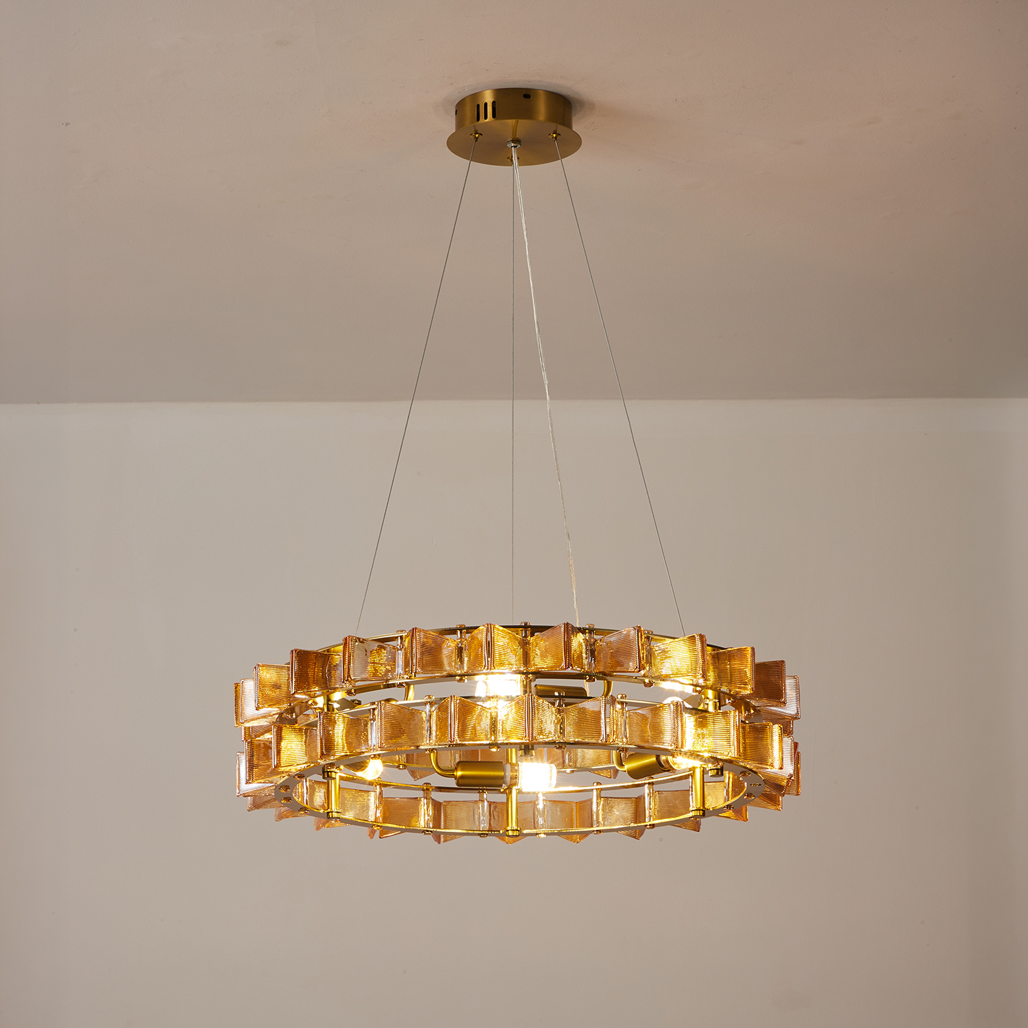 Mid-Century Modern Layered Teal Glass Chandelier