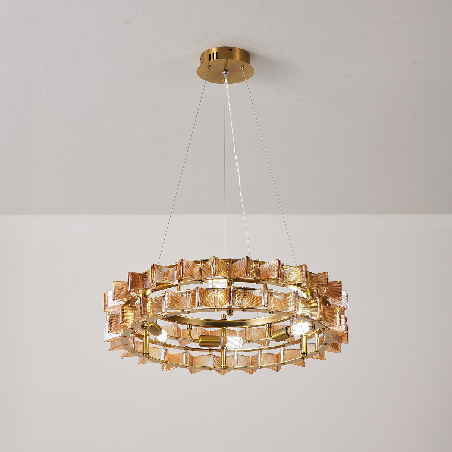 Mid-Century Modern Layered Teal Glass Chandelier