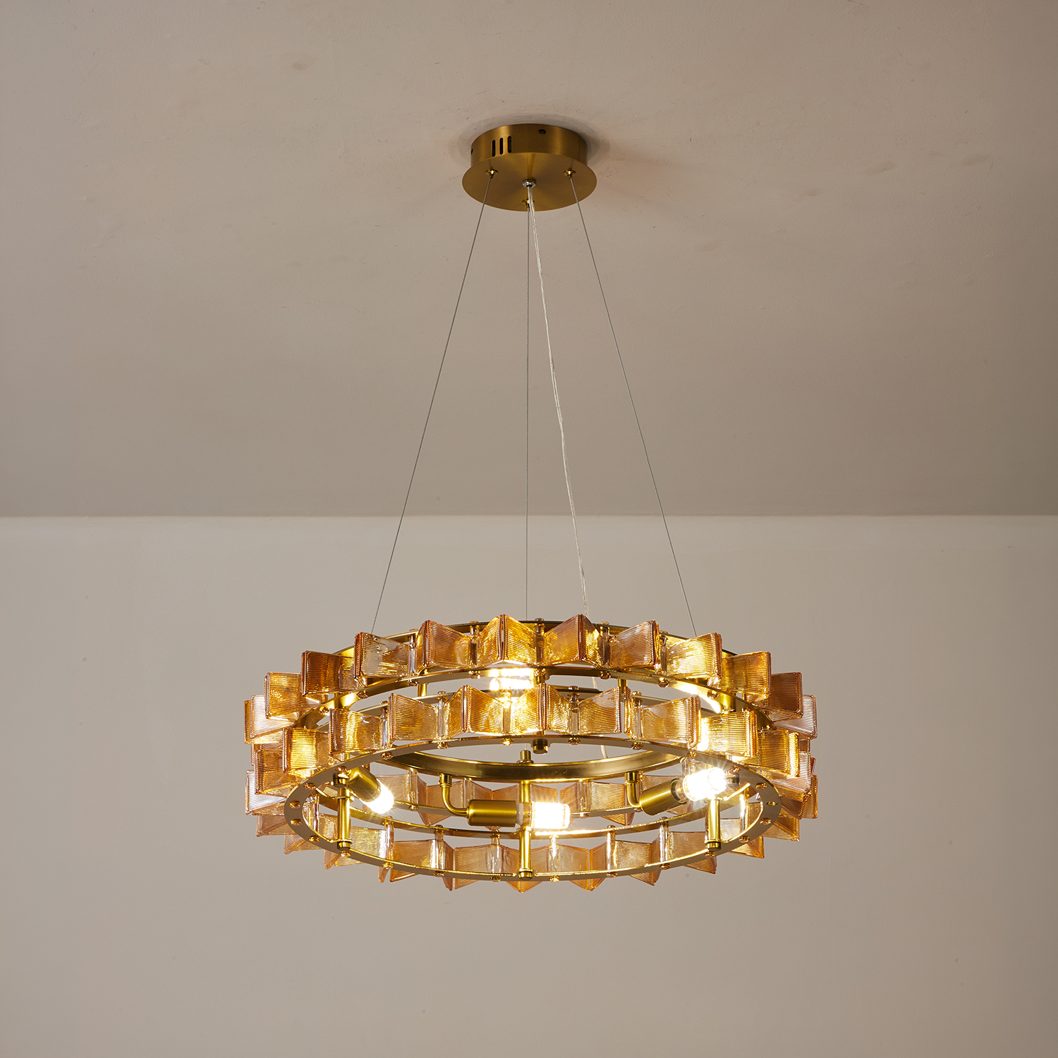 Mid-Century Modern Layered Teal Glass Chandelier