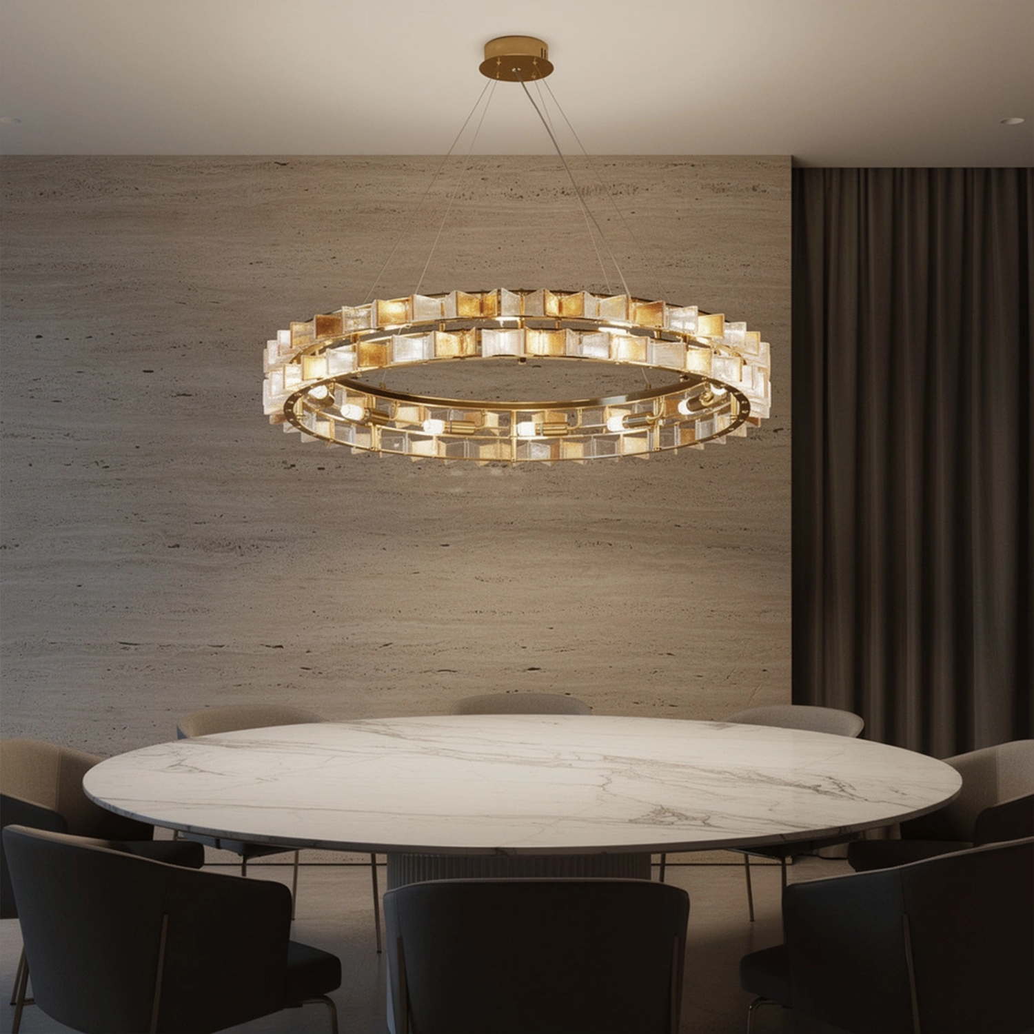 Mid-Century Modern Layered Teal Glass Chandelier