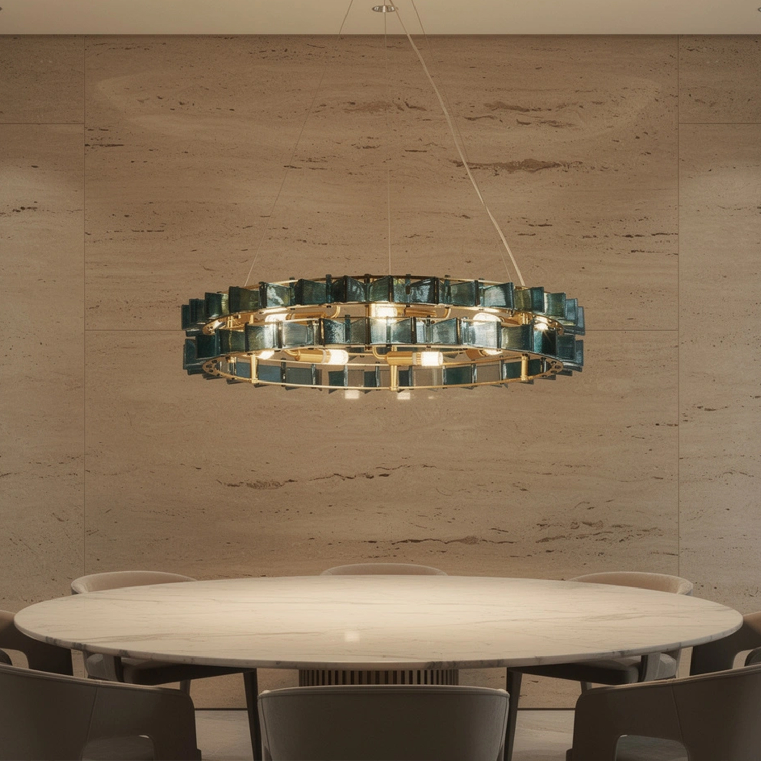Mid-Century Modern Layered Teal Glass Chandelier