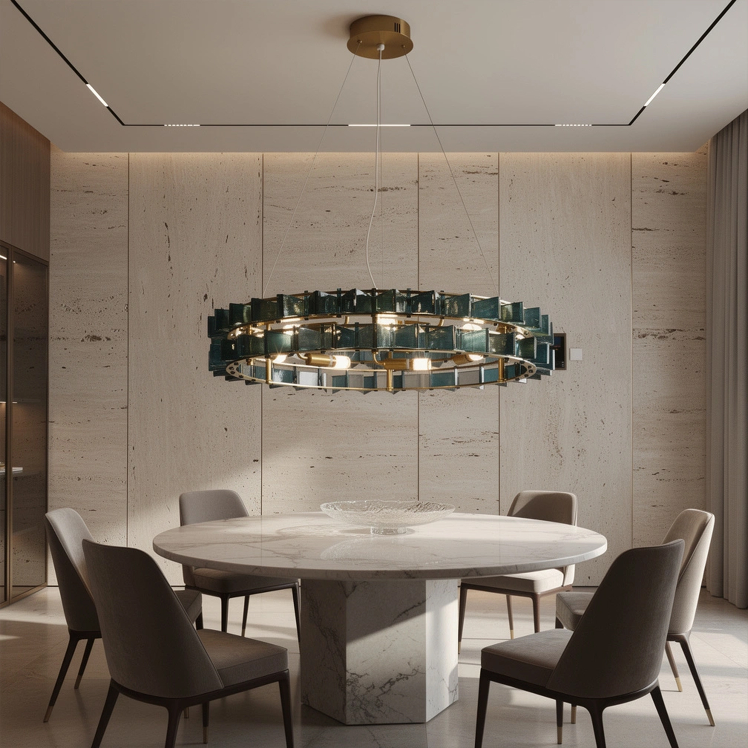 Mid-Century Modern Layered Teal Glass Chandelier