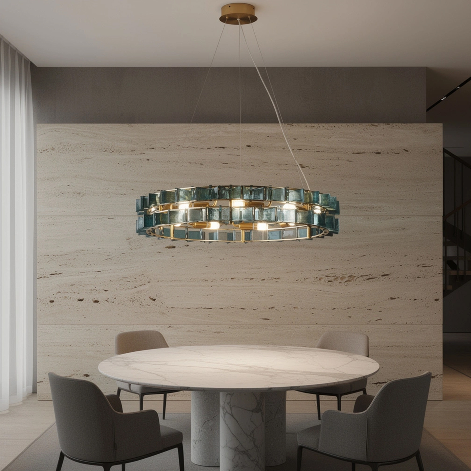 Mid-Century Modern Layered Teal Glass Chandelier