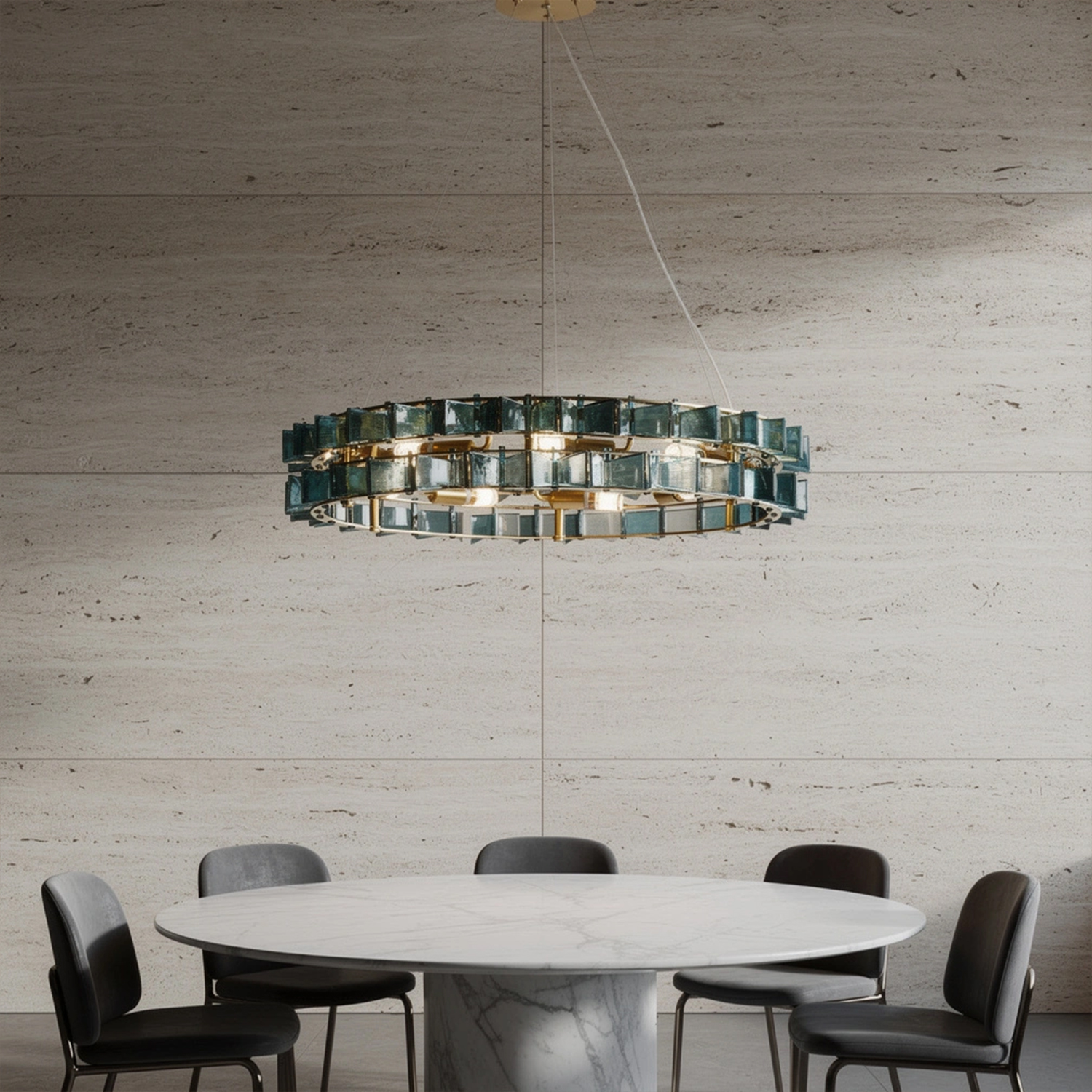 Mid-Century Modern Layered Teal Glass Chandelier