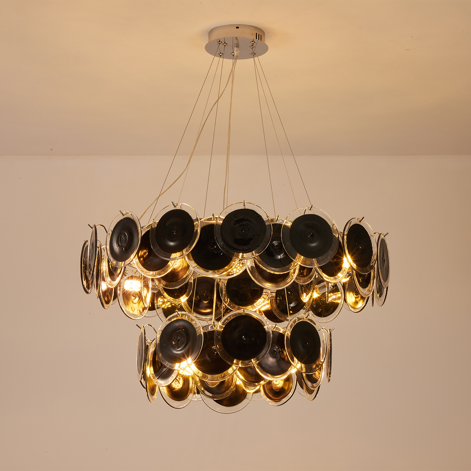 Modern Black Iridescent Glass Disc Chandelier