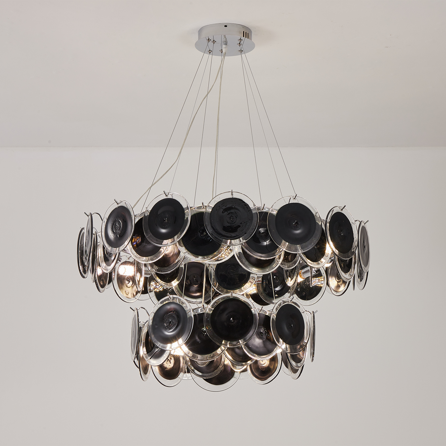 Modern Black Iridescent Glass Disc Chandelier
