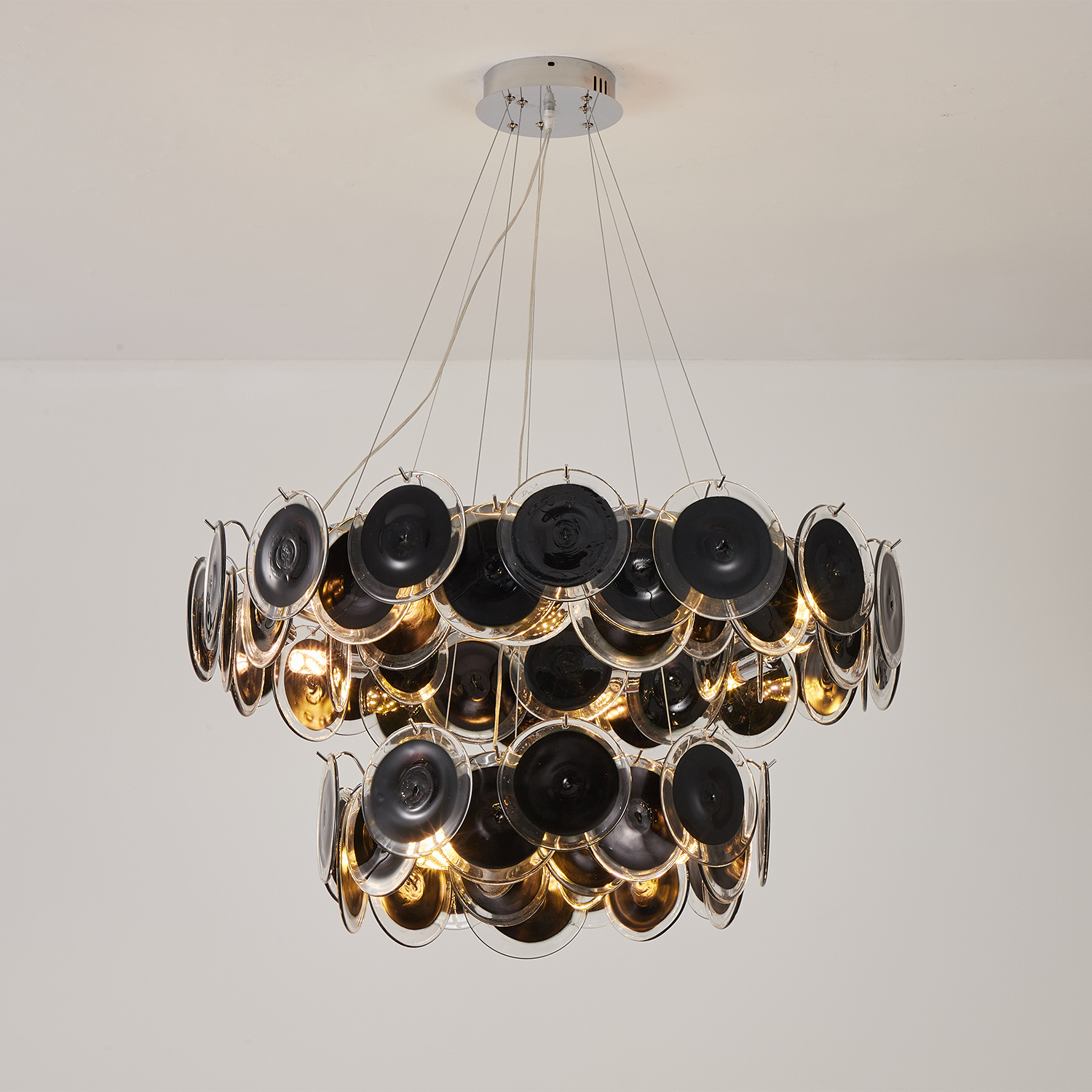 Modern Black Iridescent Glass Disc Chandelier