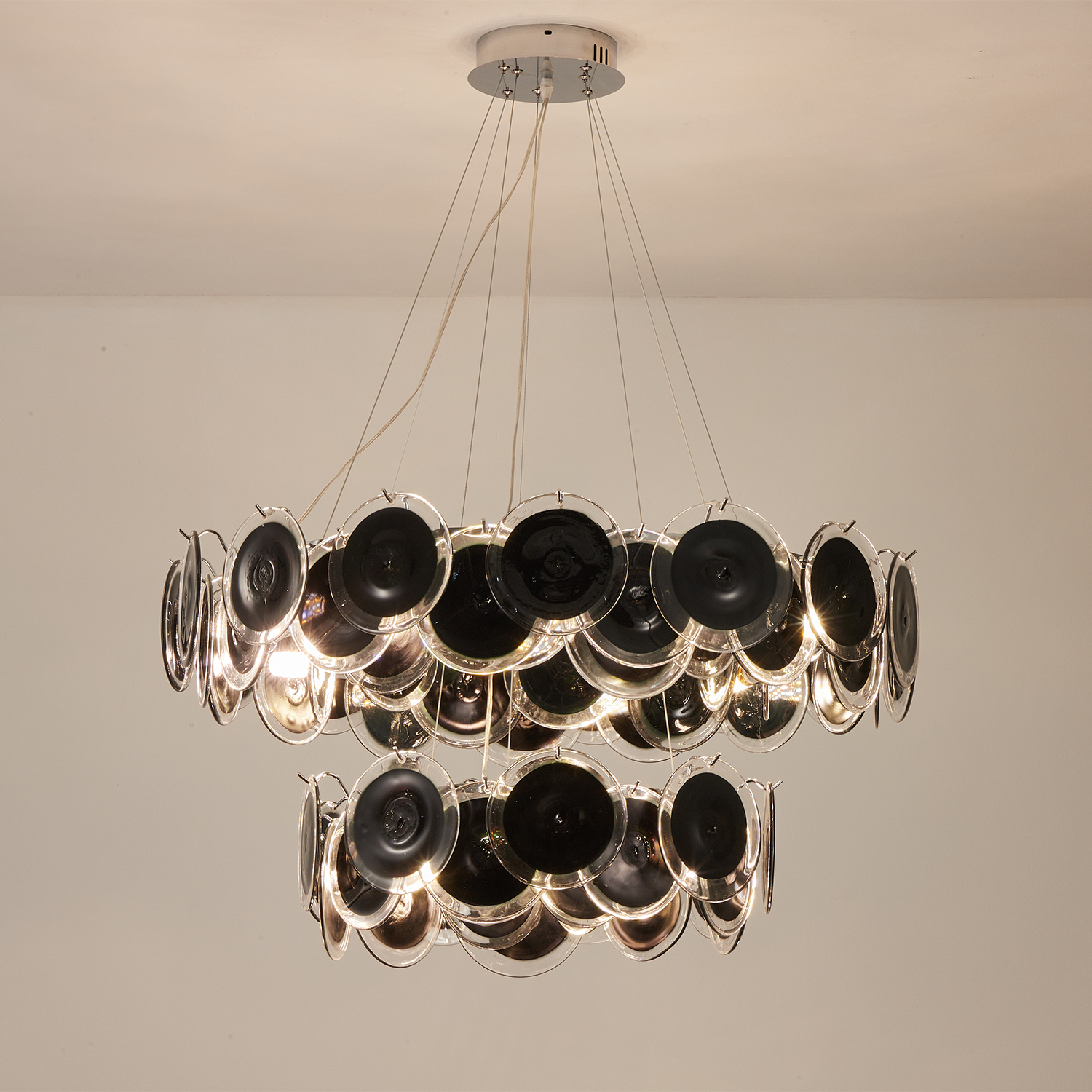Modern Black Iridescent Glass Disc Chandelier