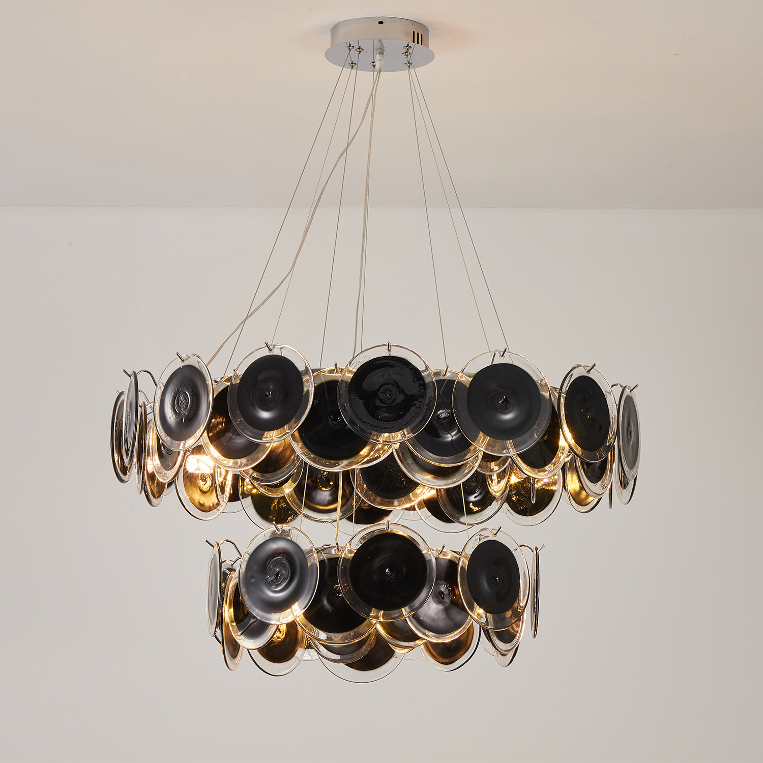 Modern Black Iridescent Glass Disc Chandelier