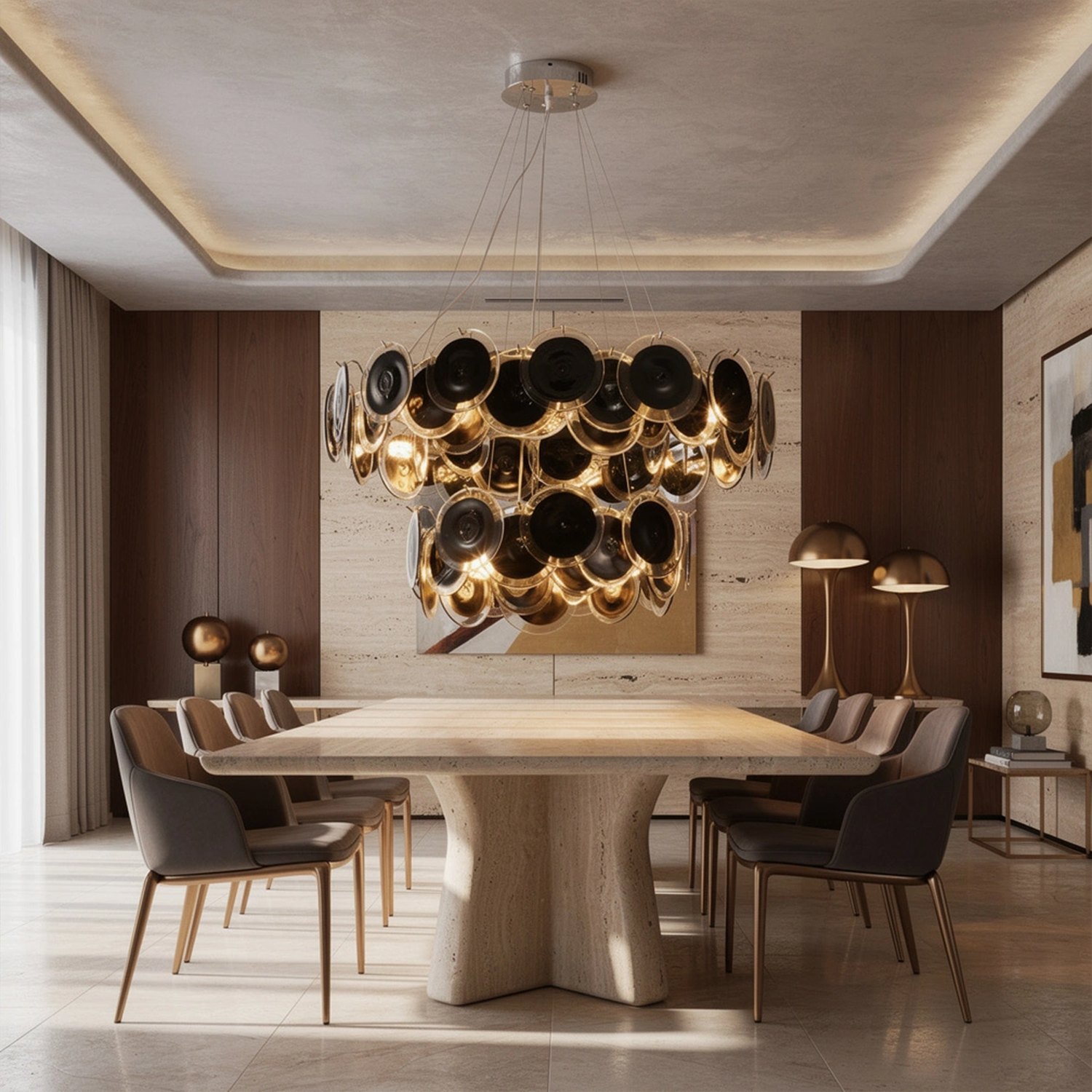 Modern Black Iridescent Glass Disc Chandelier