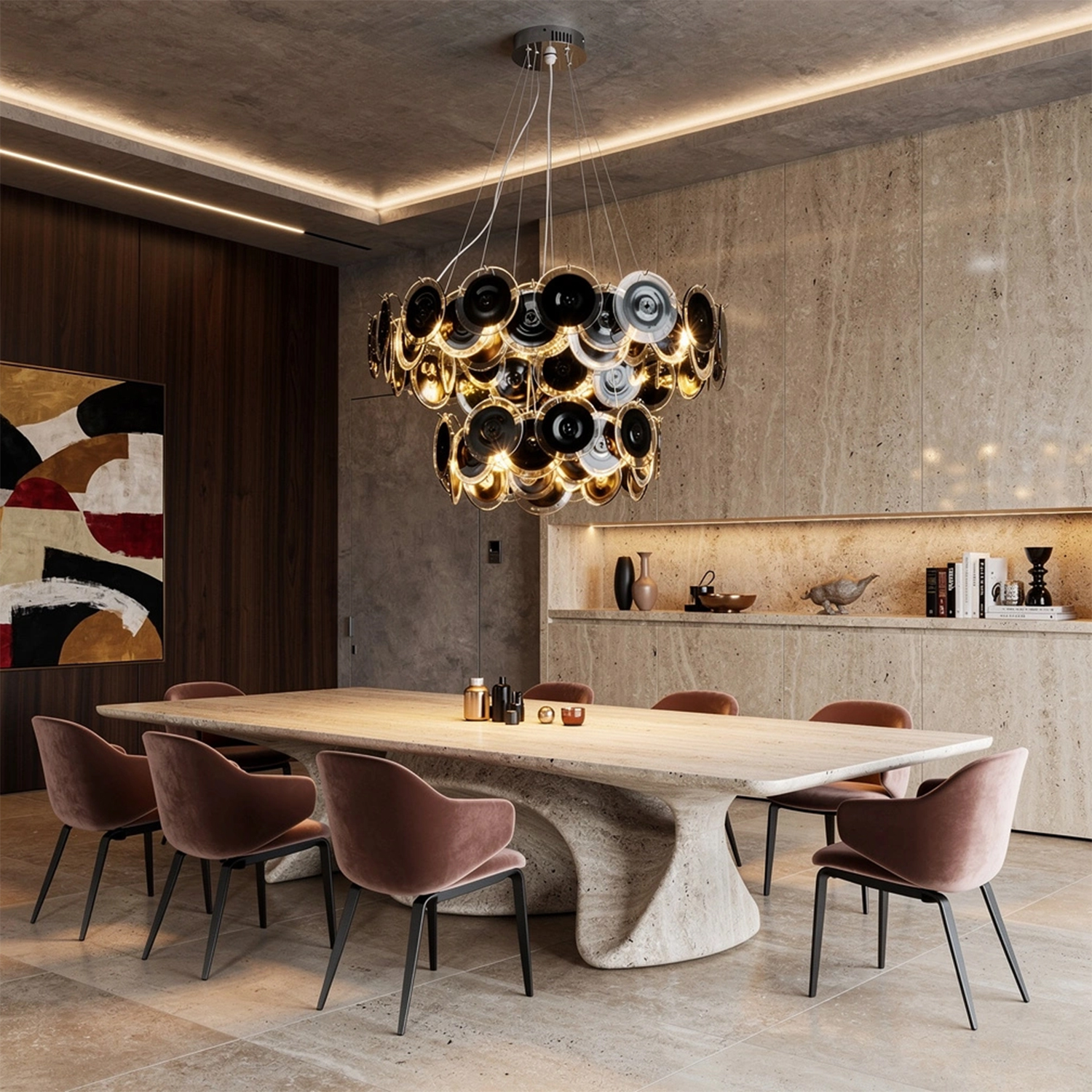Modern Black Iridescent Glass Disc Chandelier