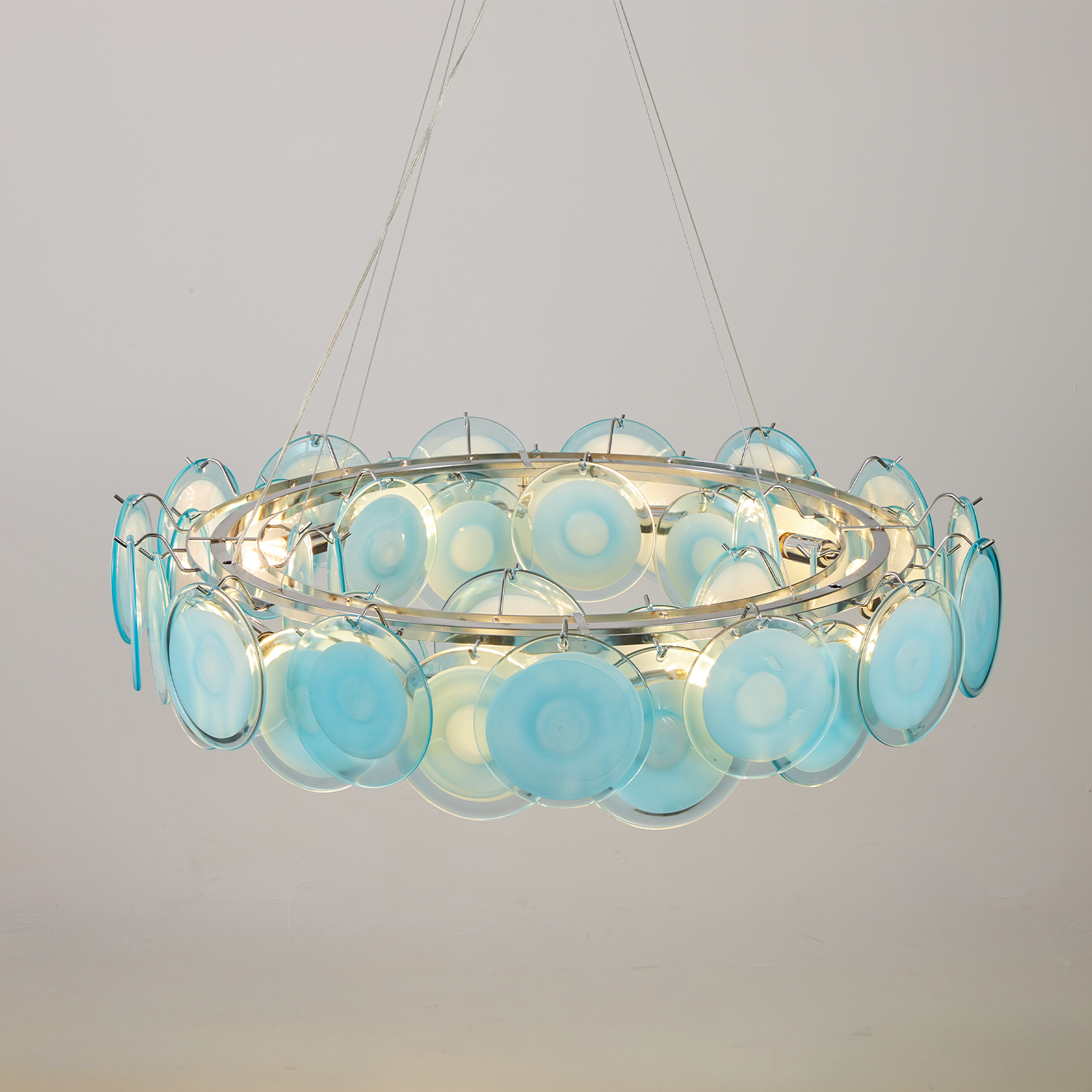 Modern Blue Iridescent Glass Disc Chandelier
