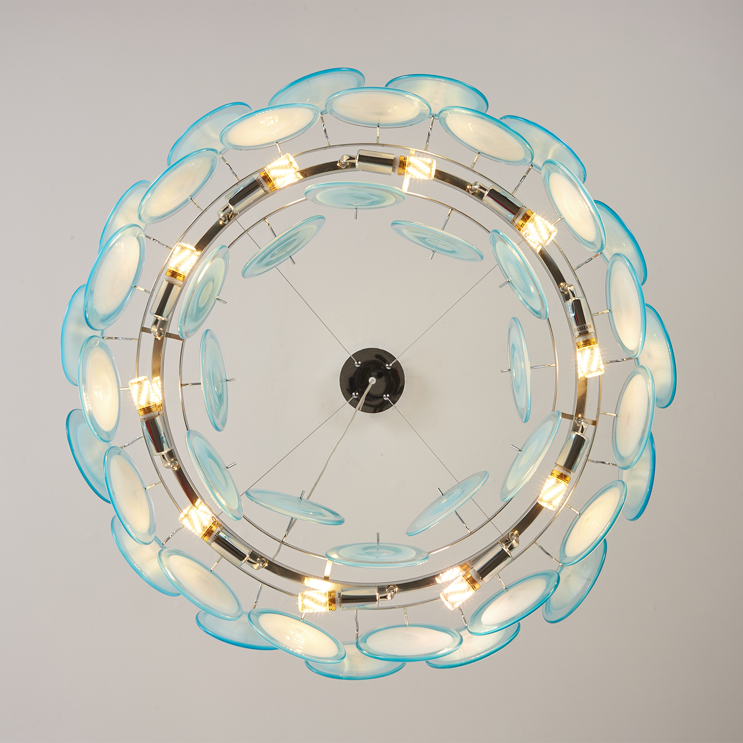 Modern Blue Iridescent Glass Disc Chandelier
