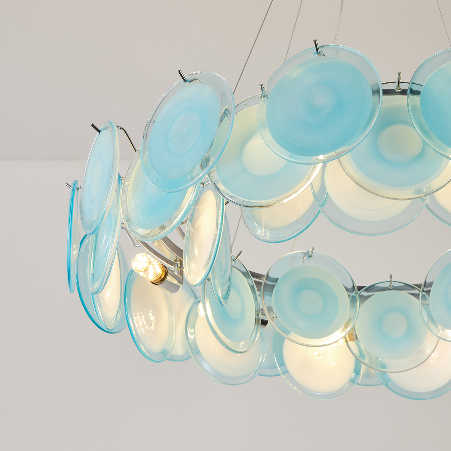 Modern Blue Iridescent Glass Disc Chandelier