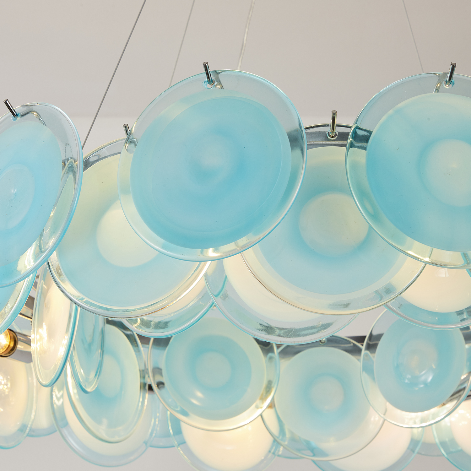 Modern Blue Iridescent Glass Disc Chandelier