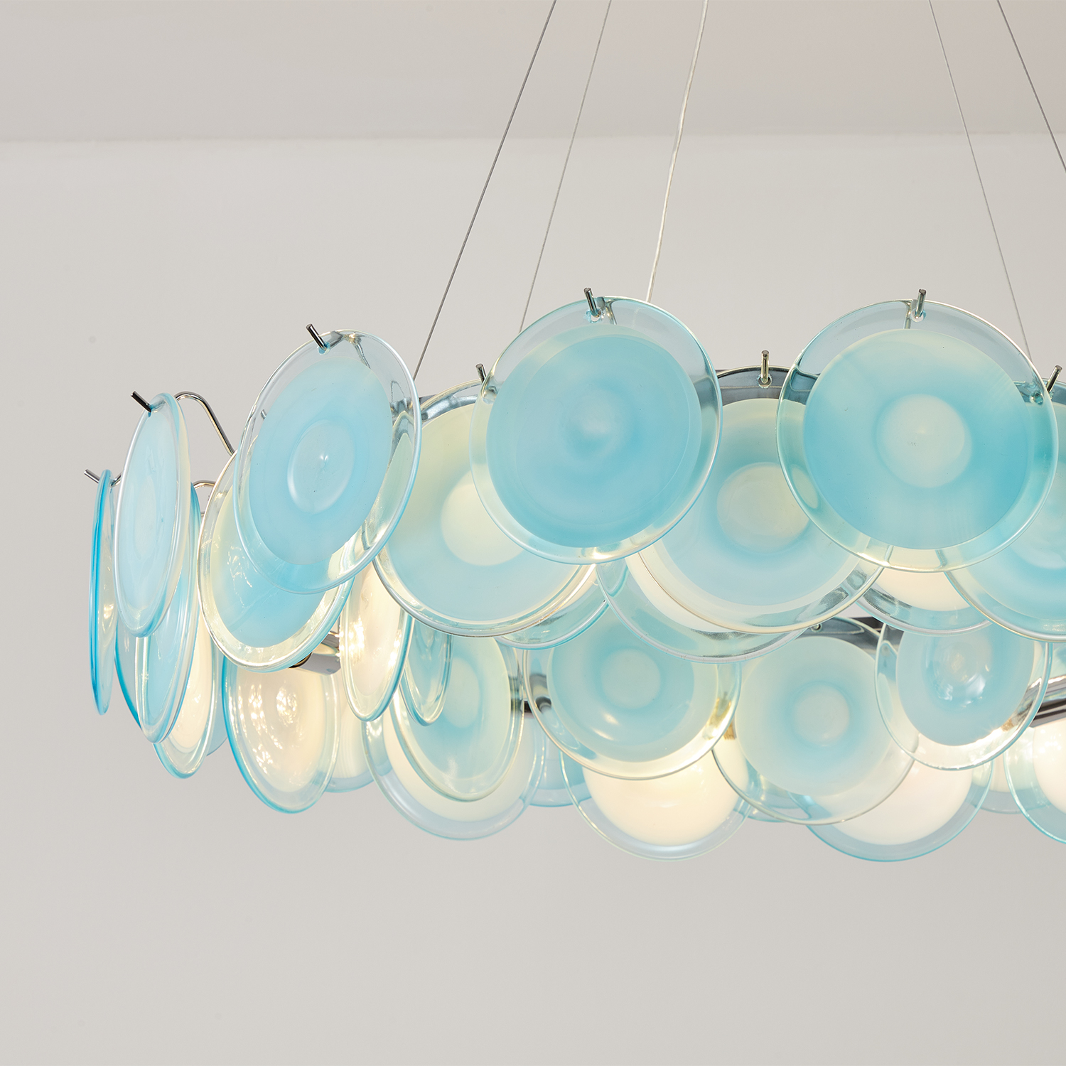 Modern Blue Iridescent Glass Disc Chandelier
