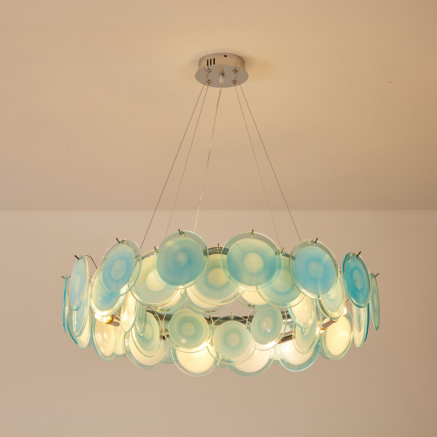 Modern Blue Iridescent Glass Disc Chandelier