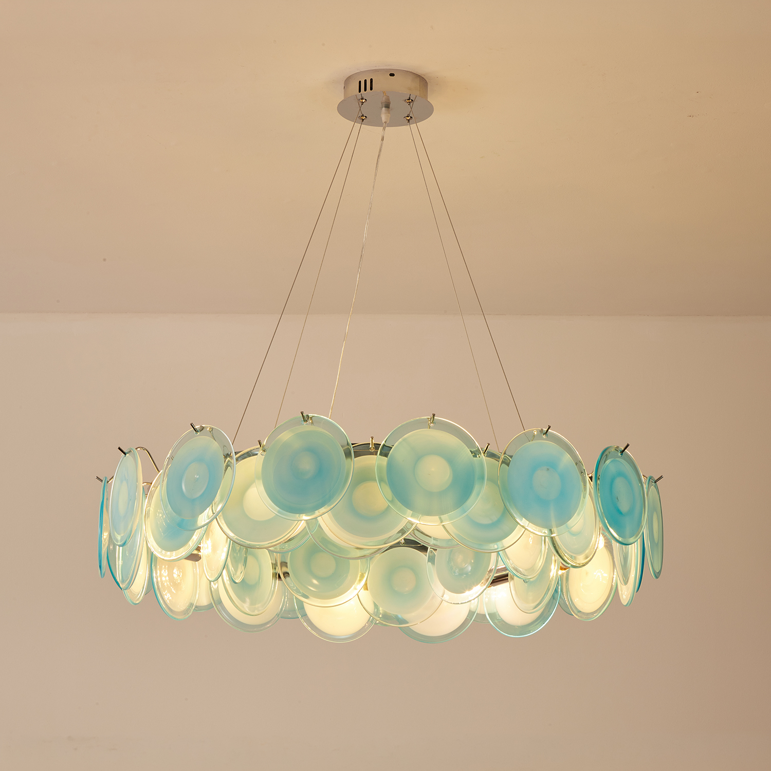 Modern Blue Iridescent Glass Disc Chandelier