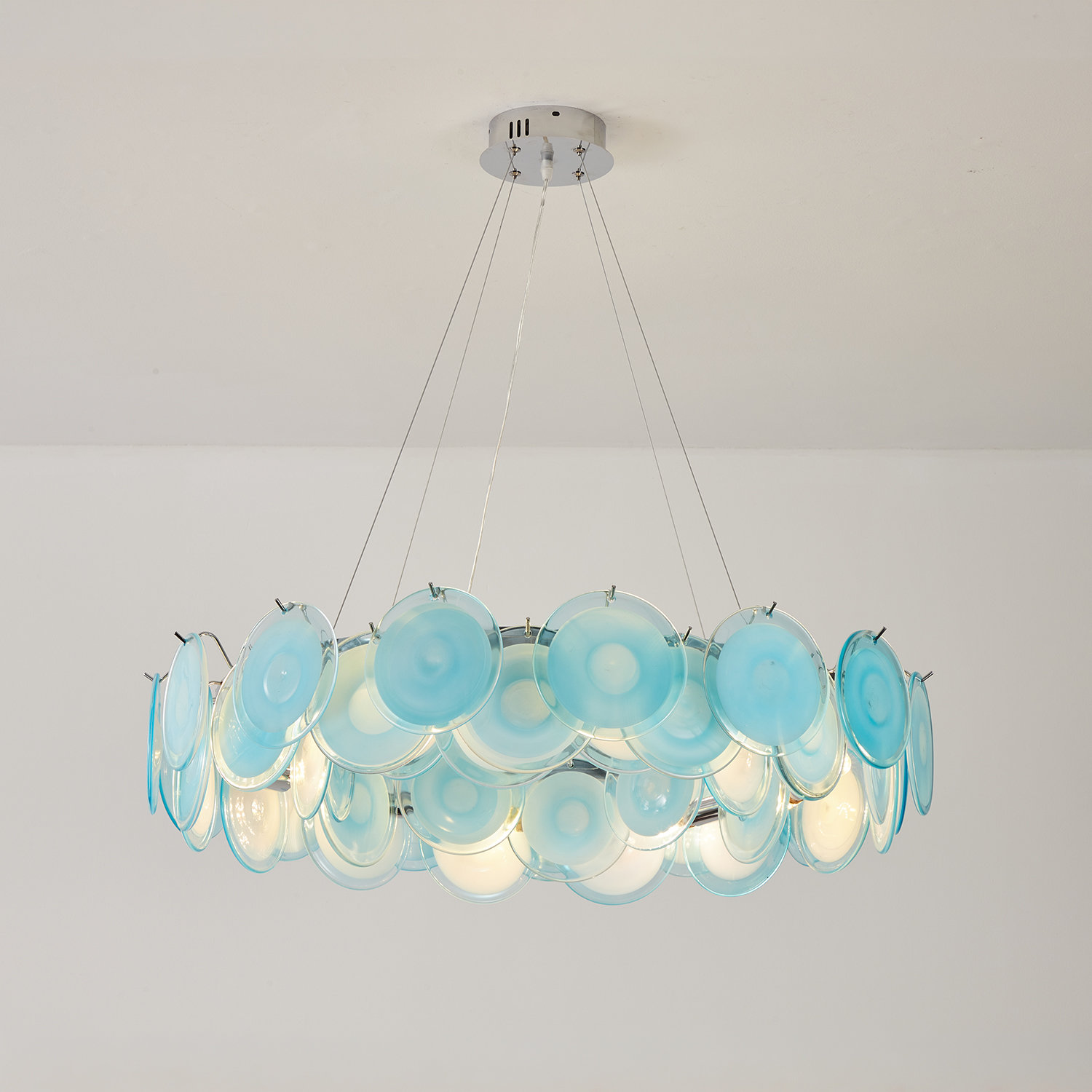 Modern Blue Iridescent Glass Disc Chandelier
