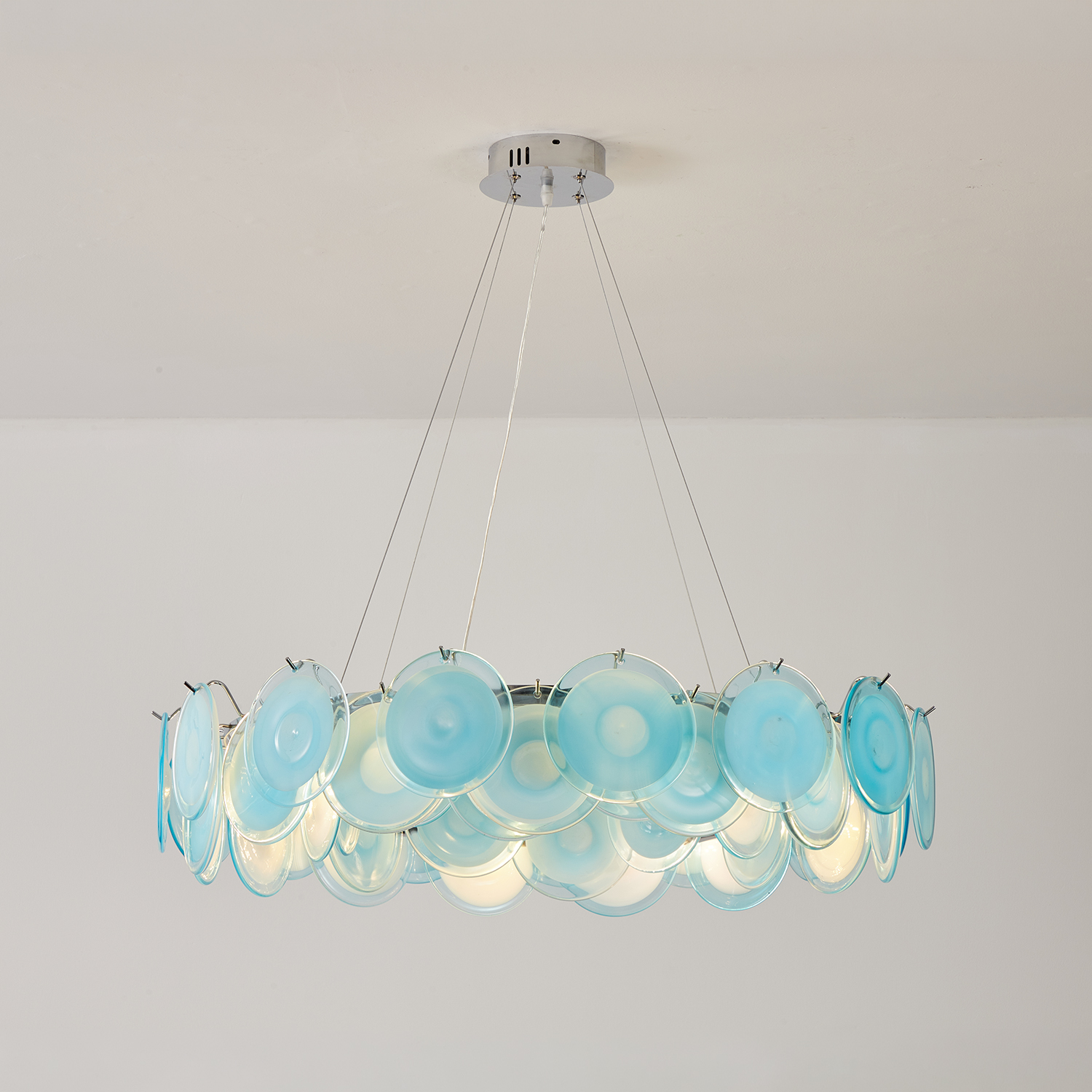 Modern Blue Iridescent Glass Disc Chandelier
