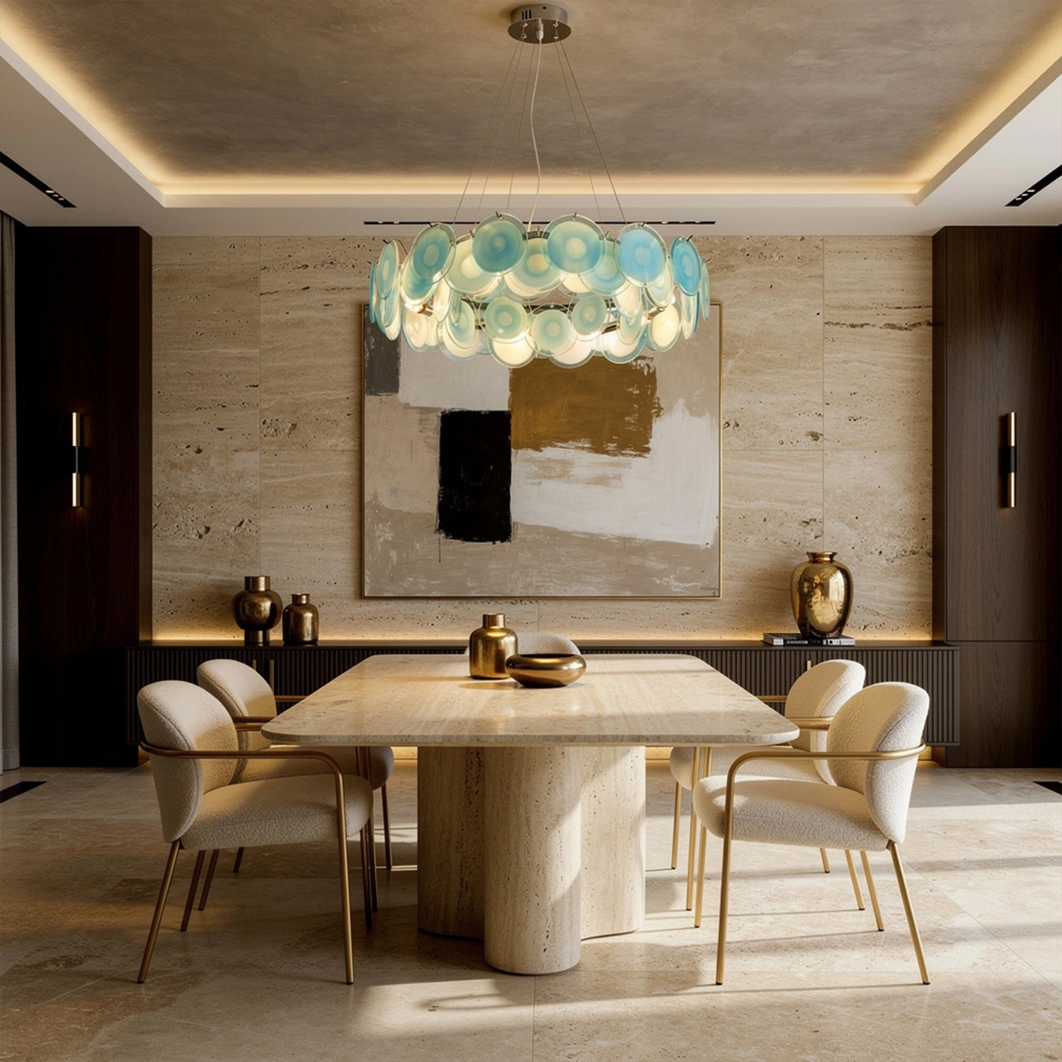 Modern Blue Iridescent Glass Disc Chandelier