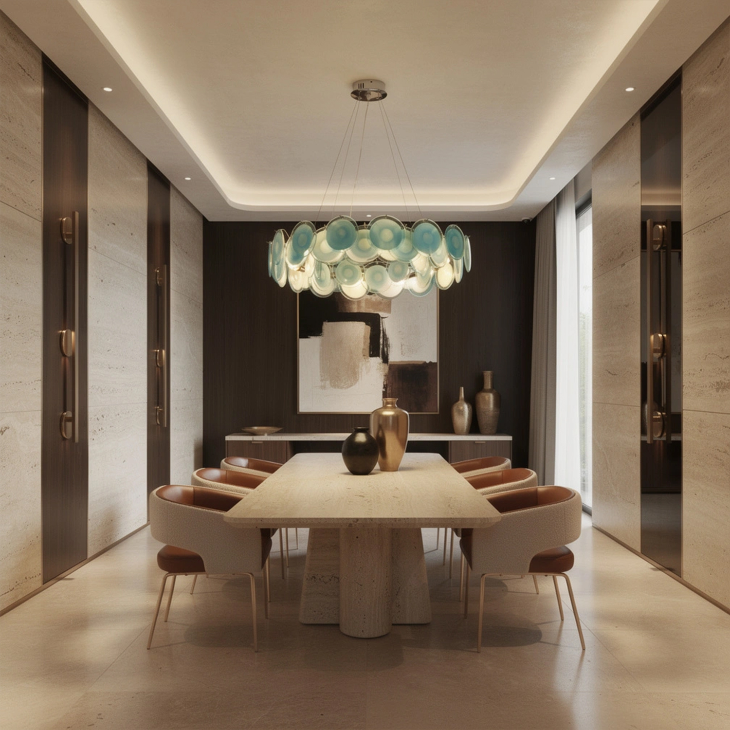 Modern Blue Iridescent Glass Disc Chandelier
