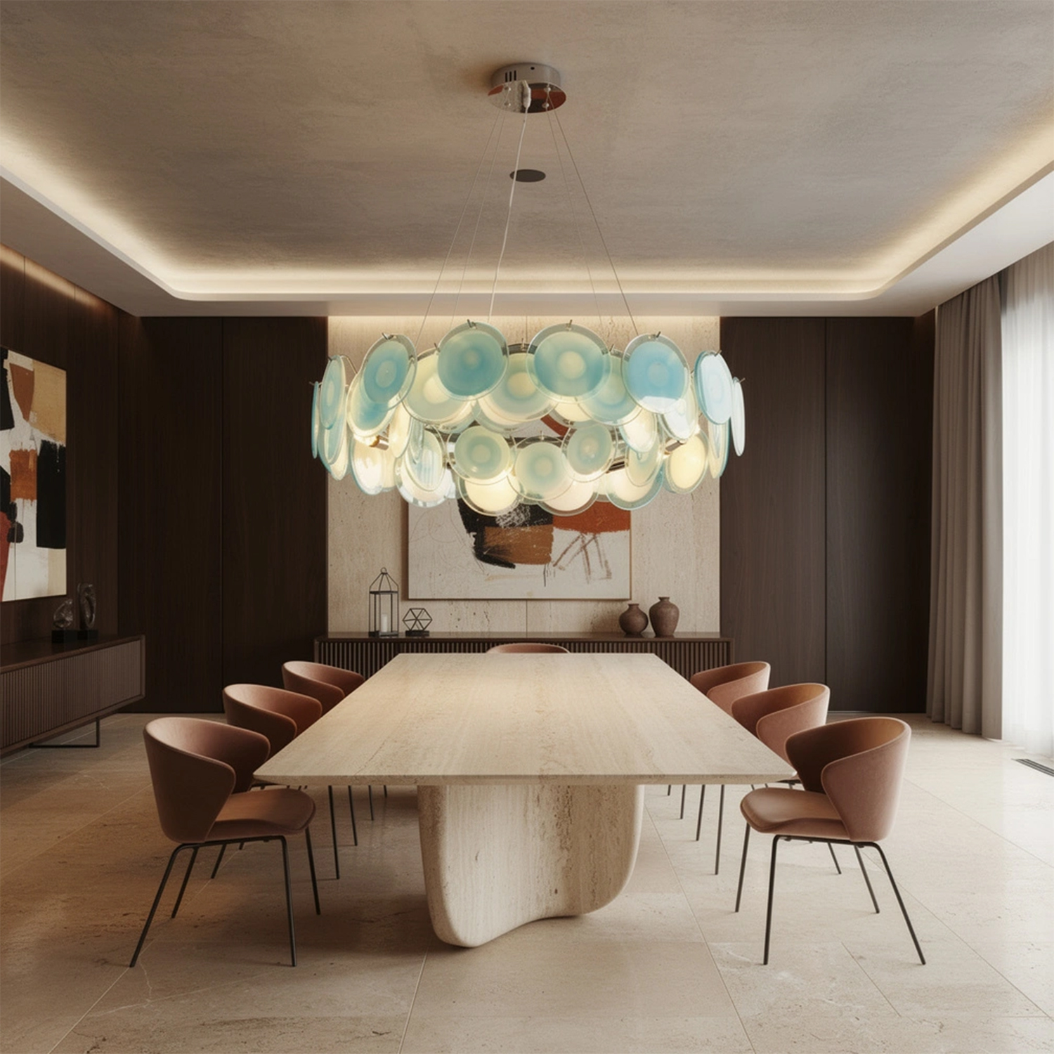 Modern Blue Iridescent Glass Disc Chandelier