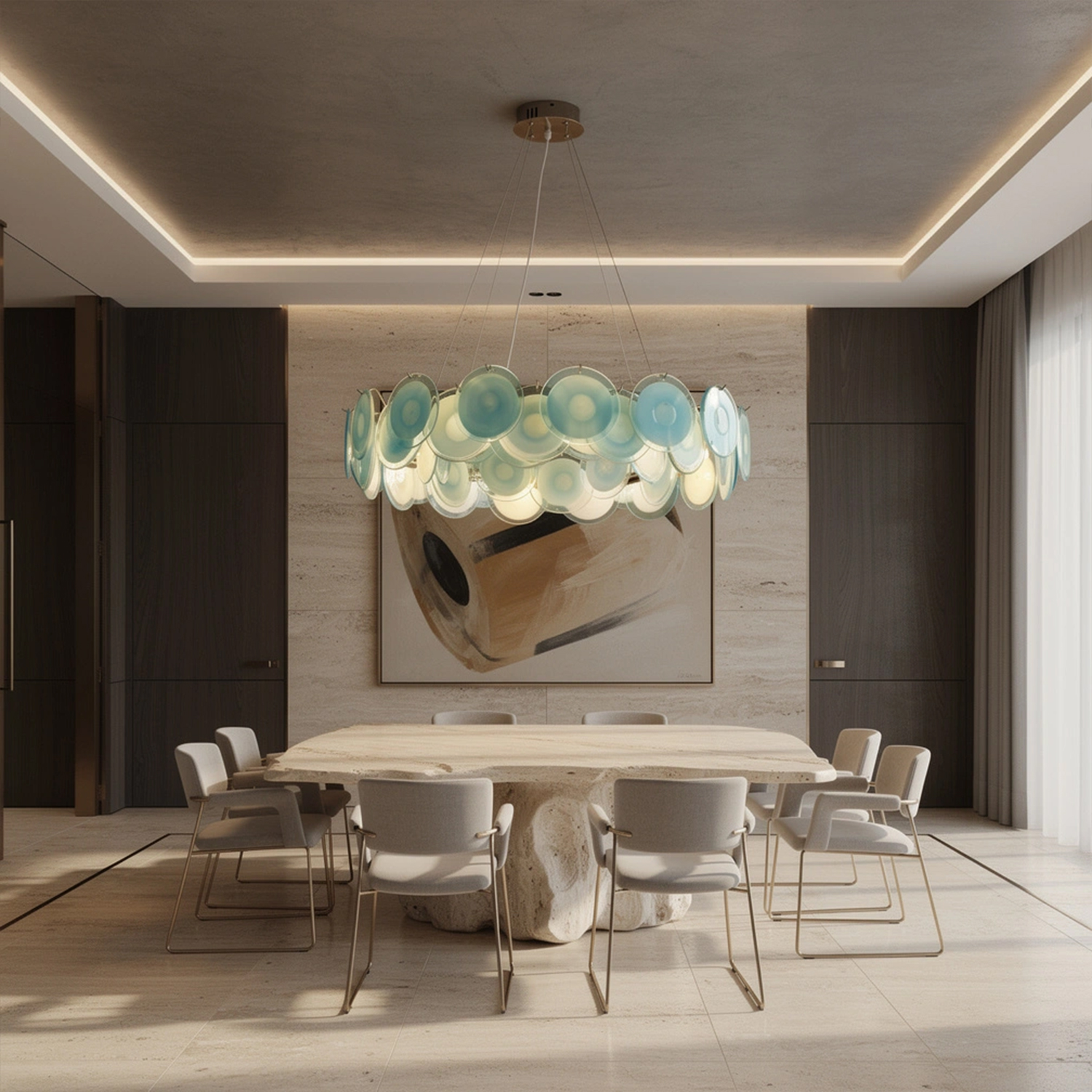 Modern Blue Iridescent Glass Disc Chandelier