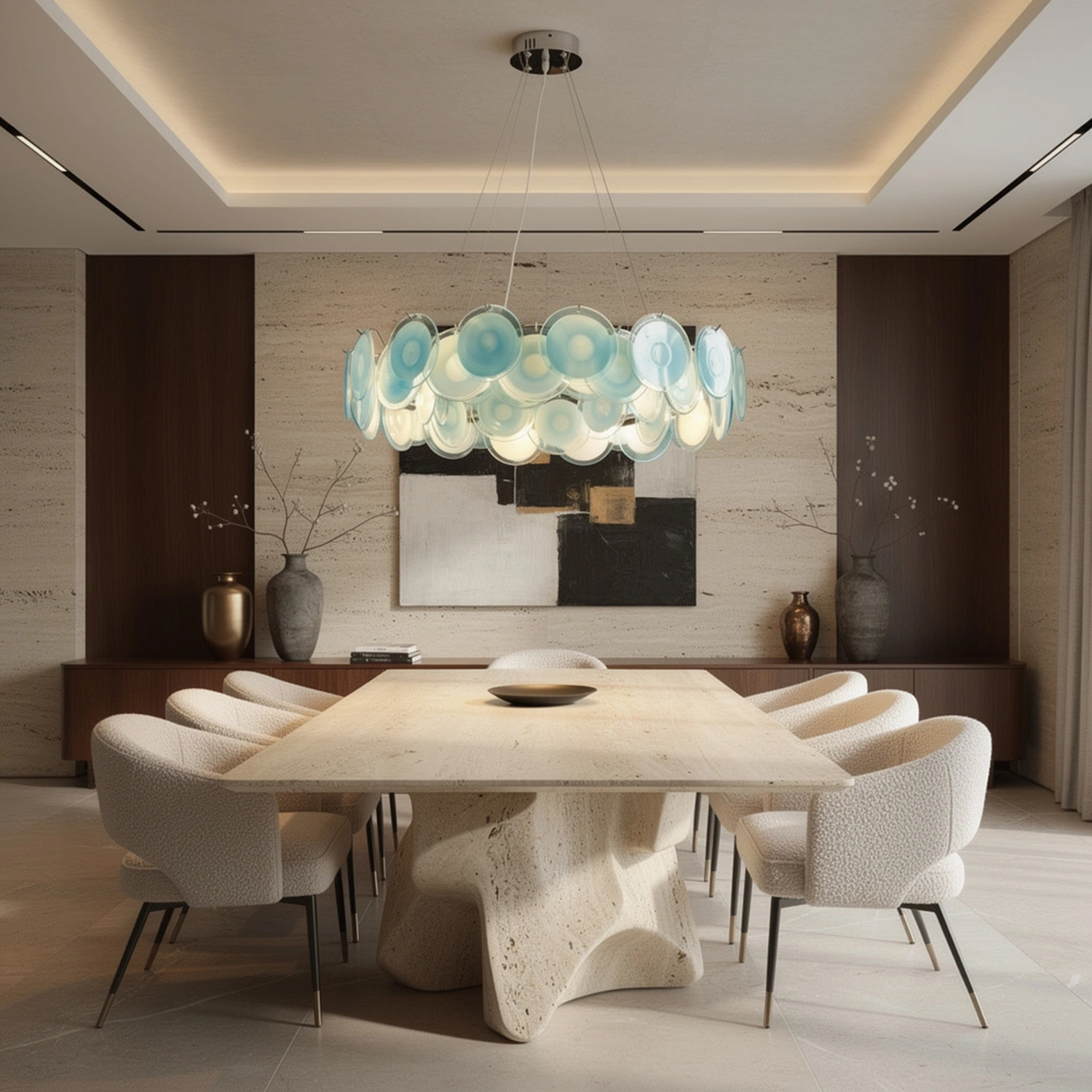 Modern Blue Iridescent Glass Disc Chandelier