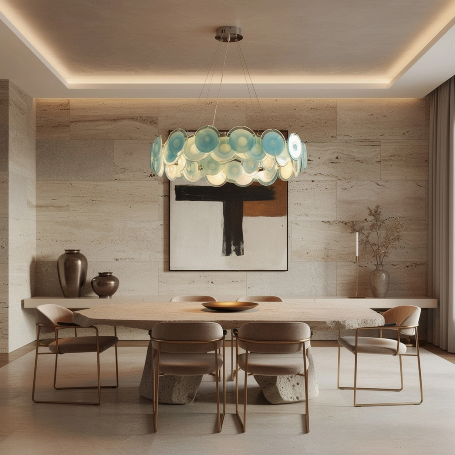 Modern Blue Iridescent Glass Disc Chandelier