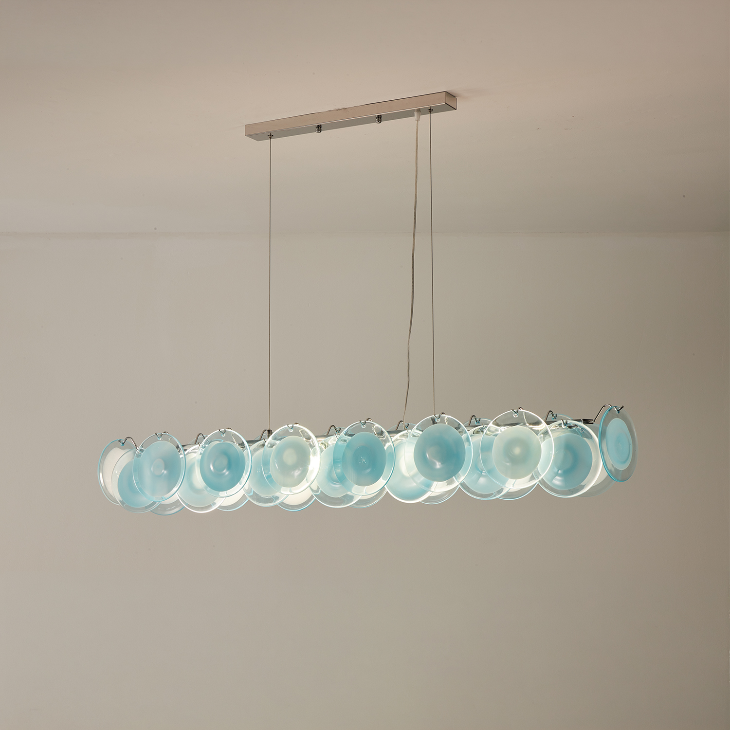 Modern Blue Iridescent Glass Disc Linear Chandelier