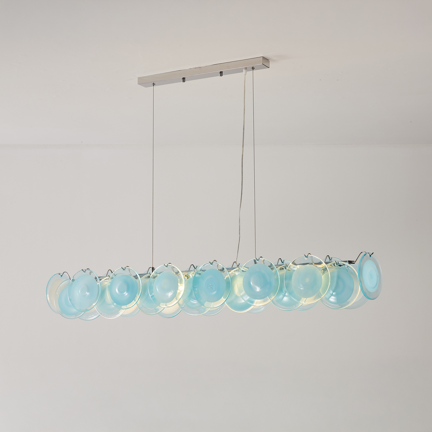 Modern Blue Iridescent Glass Disc Linear Chandelier