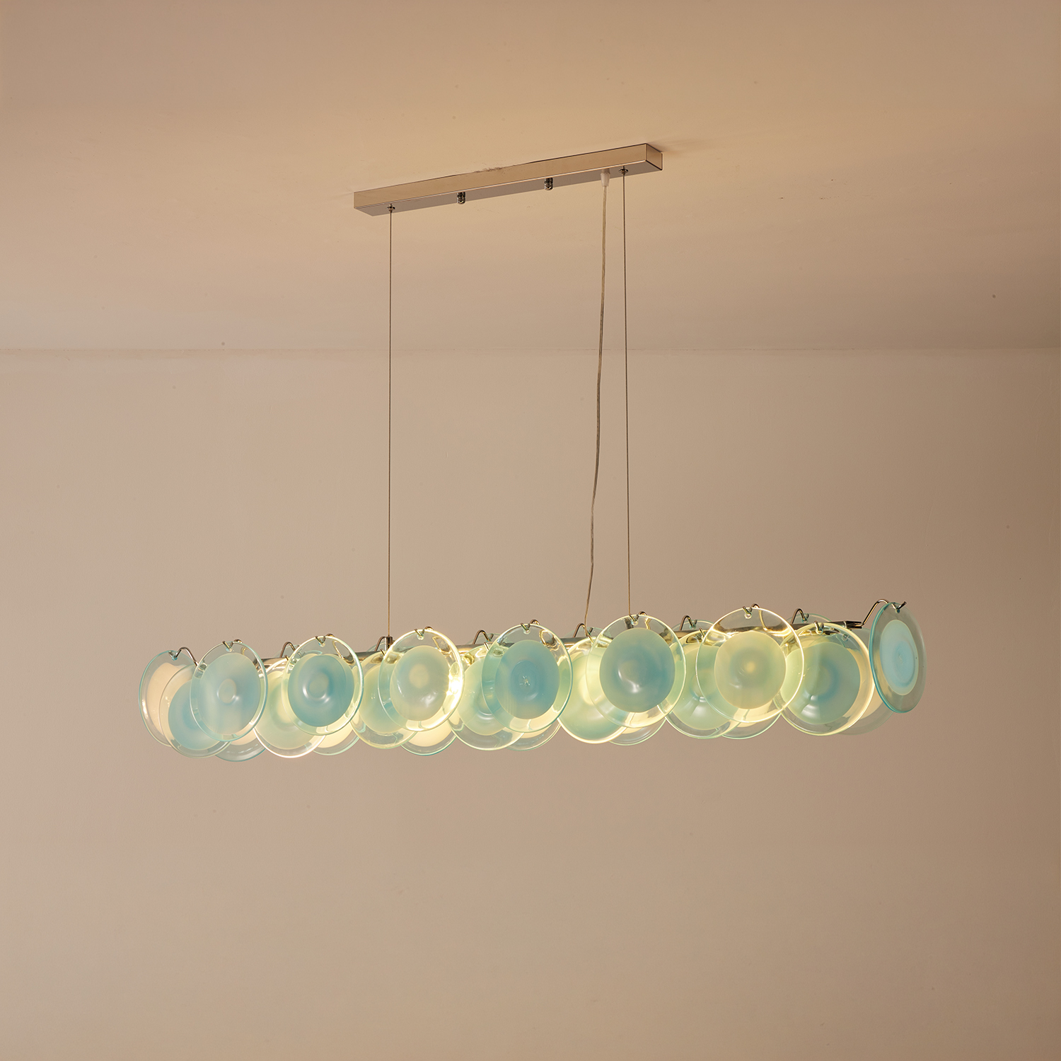 Modern Blue Iridescent Glass Disc Linear Chandelier