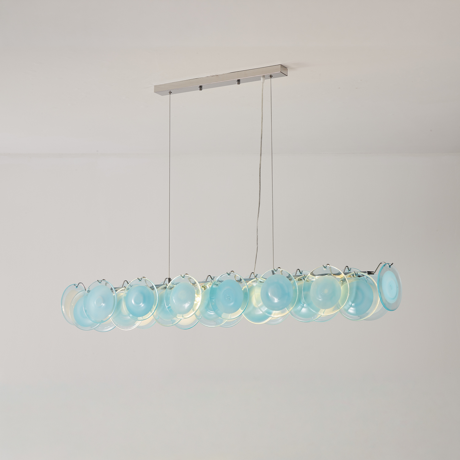 Modern Blue Iridescent Glass Disc Linear Chandelier