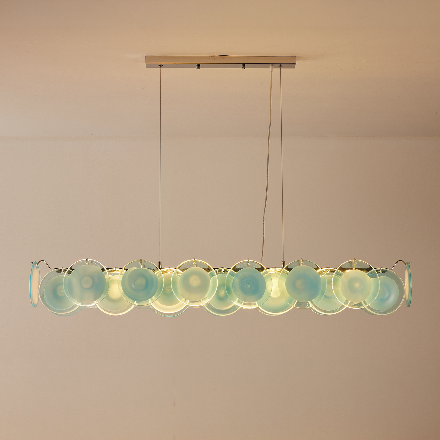 Modern Blue Iridescent Glass Disc Linear Chandelier