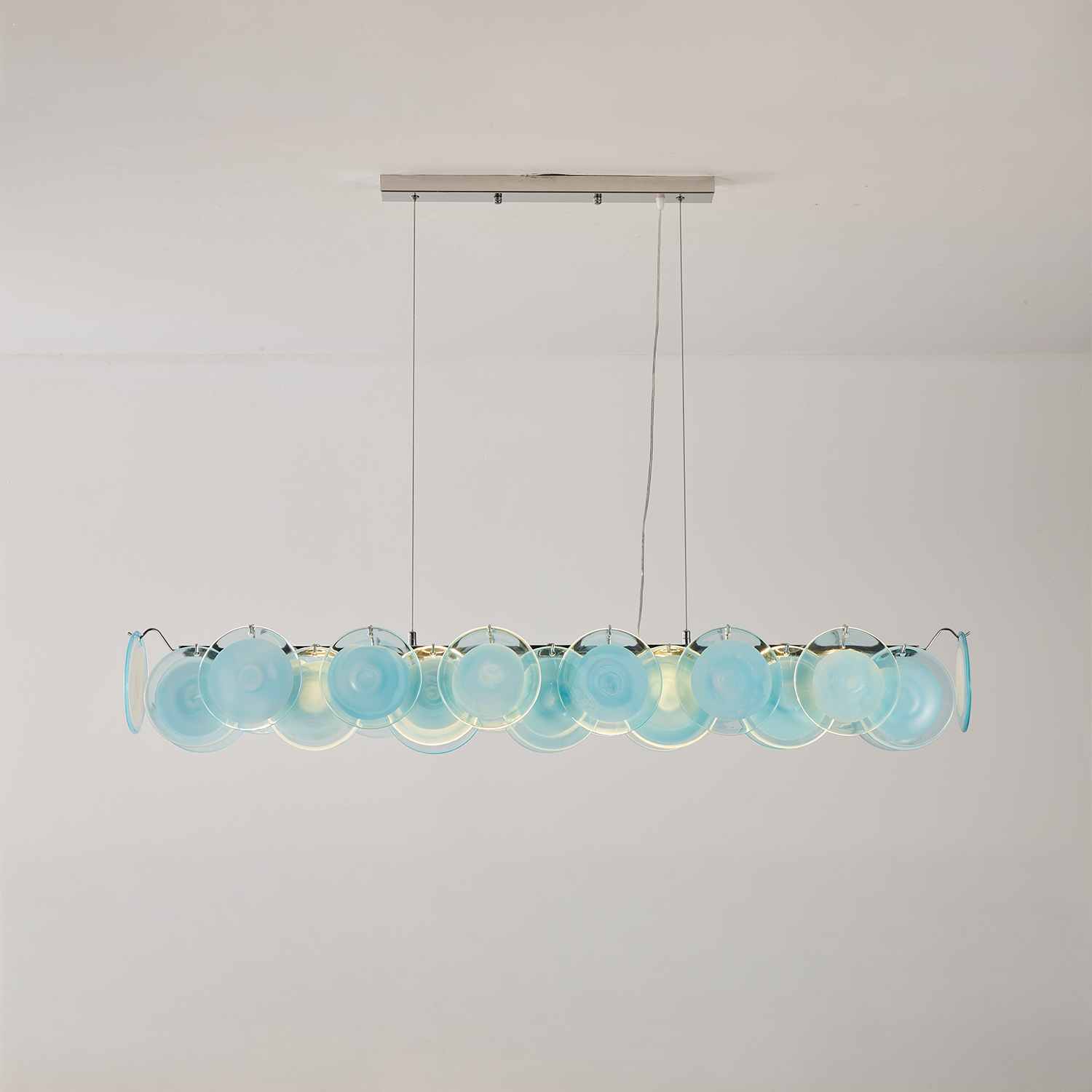 Modern Blue Iridescent Glass Disc Linear Chandelier